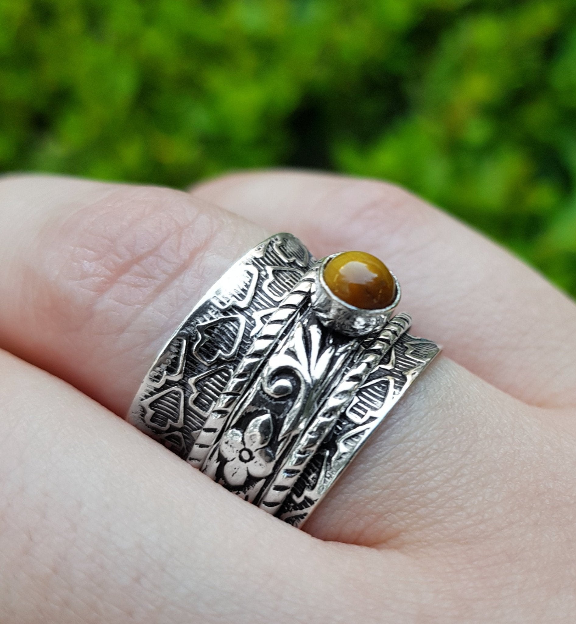 Tiger's Eye Sterling Silver Spinner Ring - US Size 7 1/2 - LunarGem - Rings