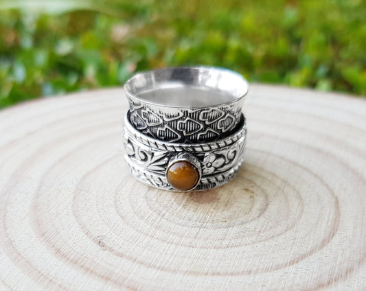 Tiger's Eye Sterling Silver Spinner Ring - US Size 7 1/2 - LunarGem - Rings