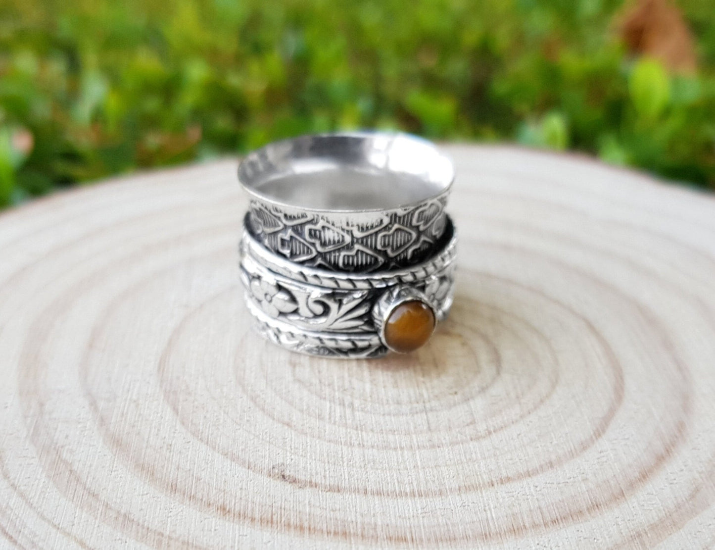 Tiger's Eye Sterling Silver Spinner Ring - US Size 7 1/2 - LunarGem - Rings