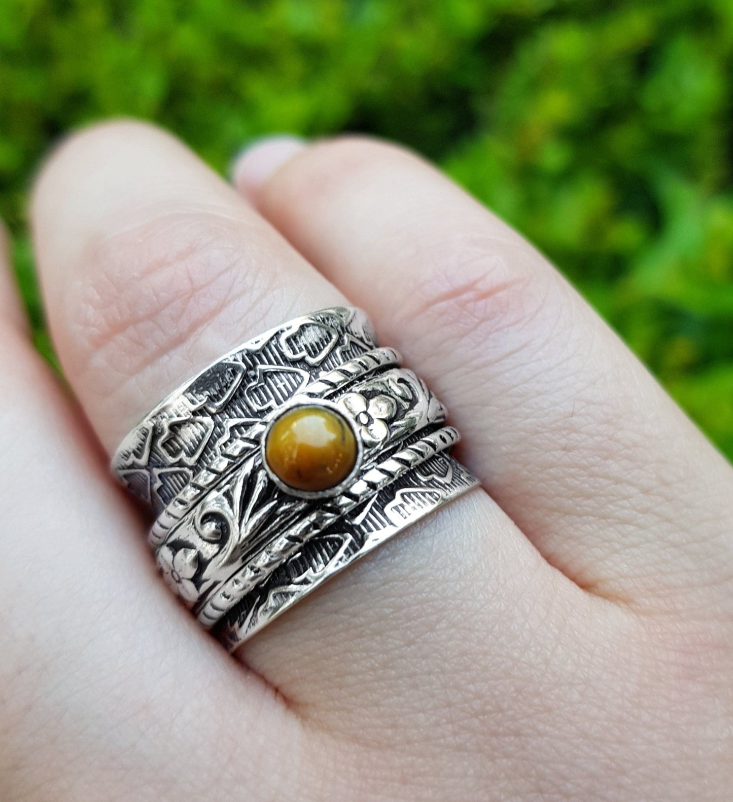 Tiger's Eye Sterling Silver Spinner Ring - US Size 7 1/2 - LunarGem - Rings