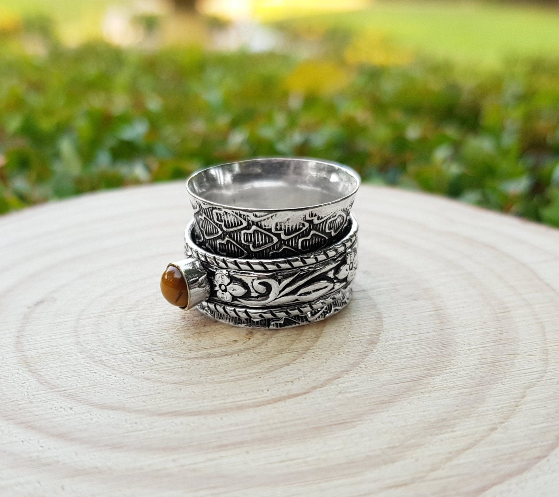 Tiger's Eye Sterling Silver Spinner Ring - US Size 7 1/2 - LunarGem - Rings