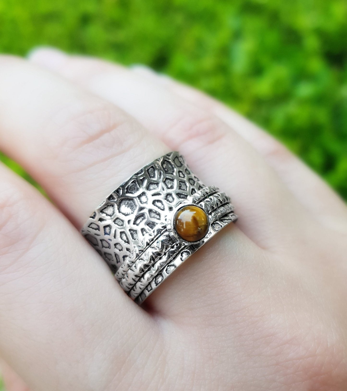 Tiger's Eye Sterling Silver Spinner Ring - US Size 8.75 - LunarGem - Rings