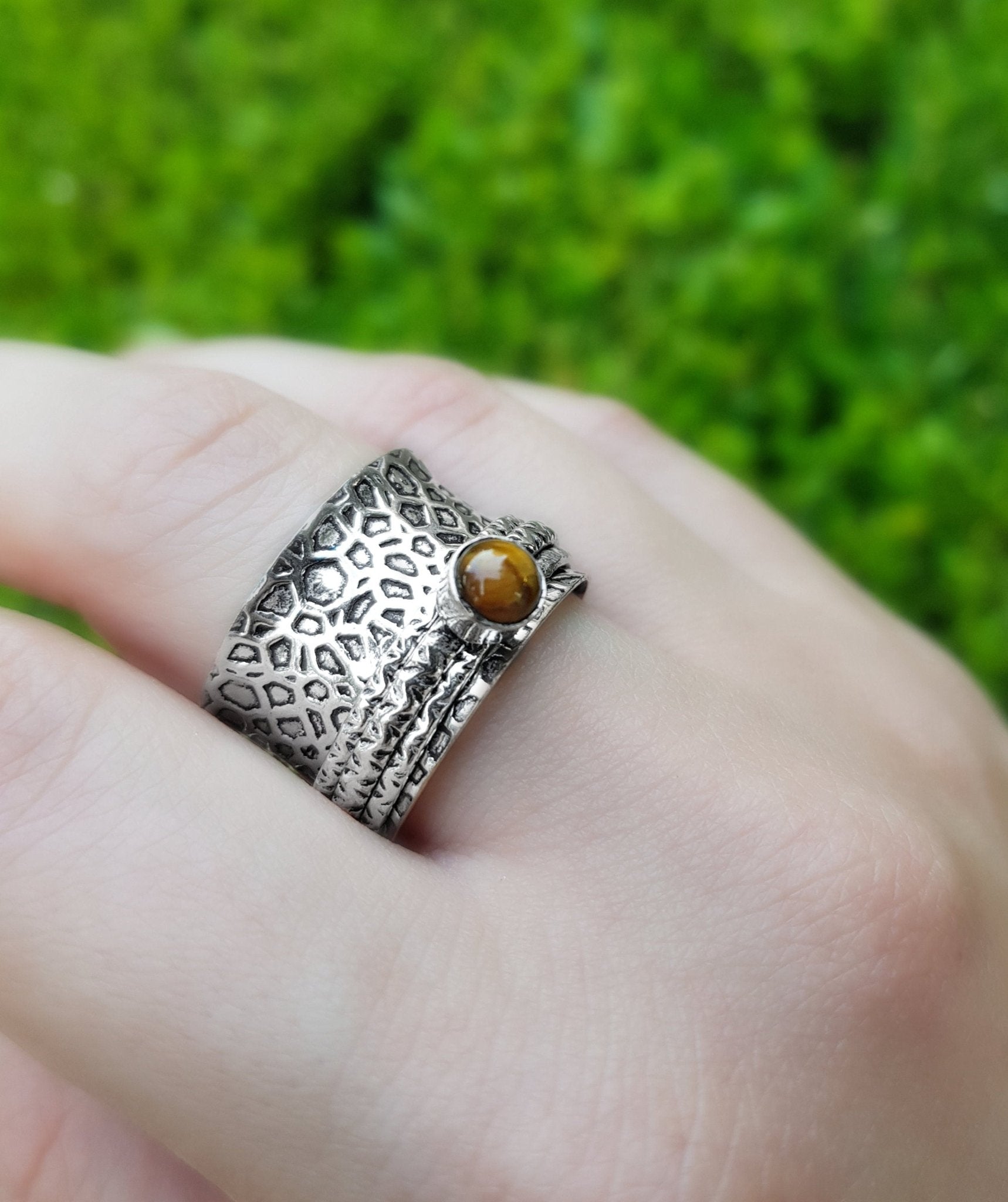 Tiger's Eye Sterling Silver Spinner Ring - US Size 8.75 - LunarGem - Rings