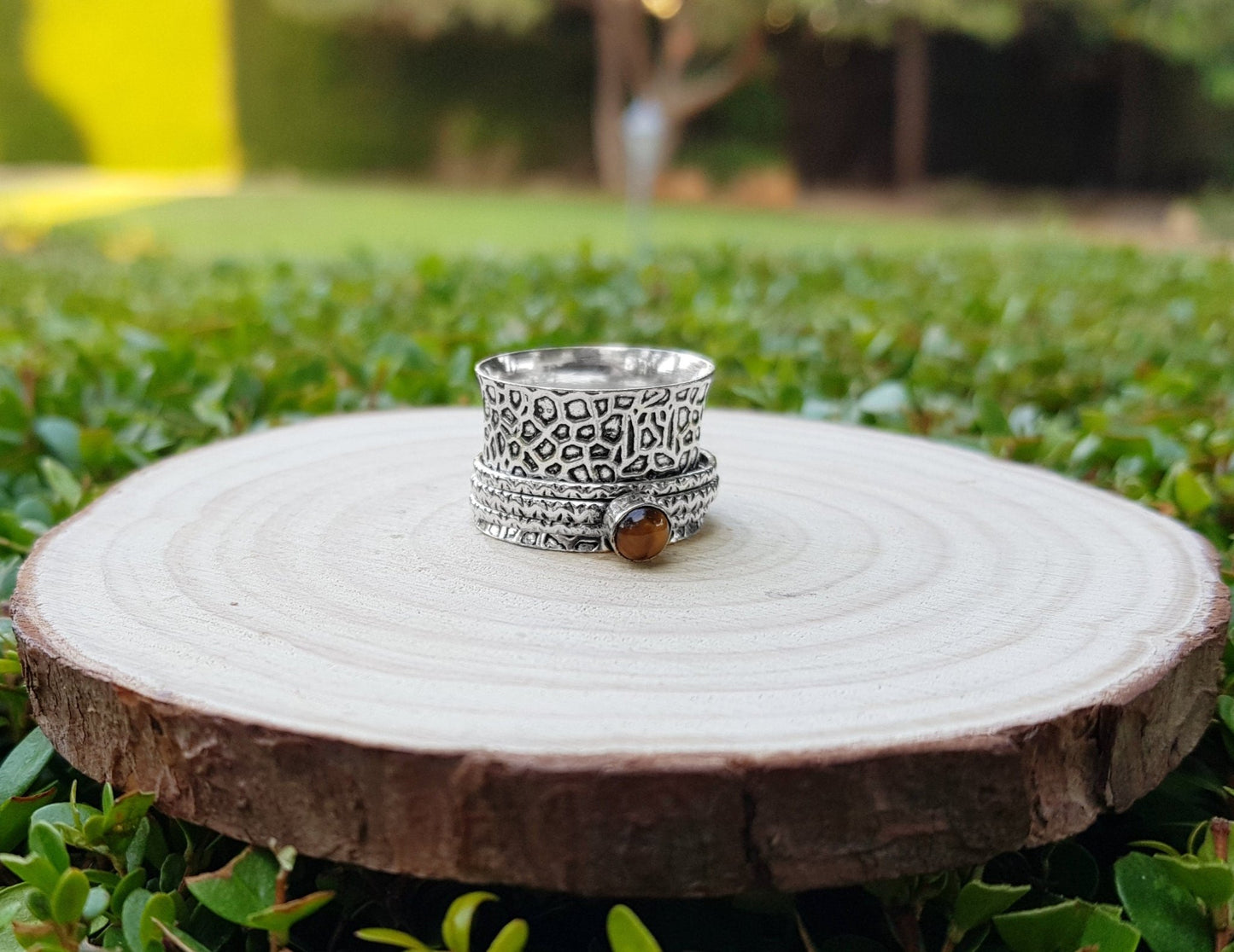 Tiger's Eye Sterling Silver Spinner Ring - US Size 8.75 - LunarGem - Rings