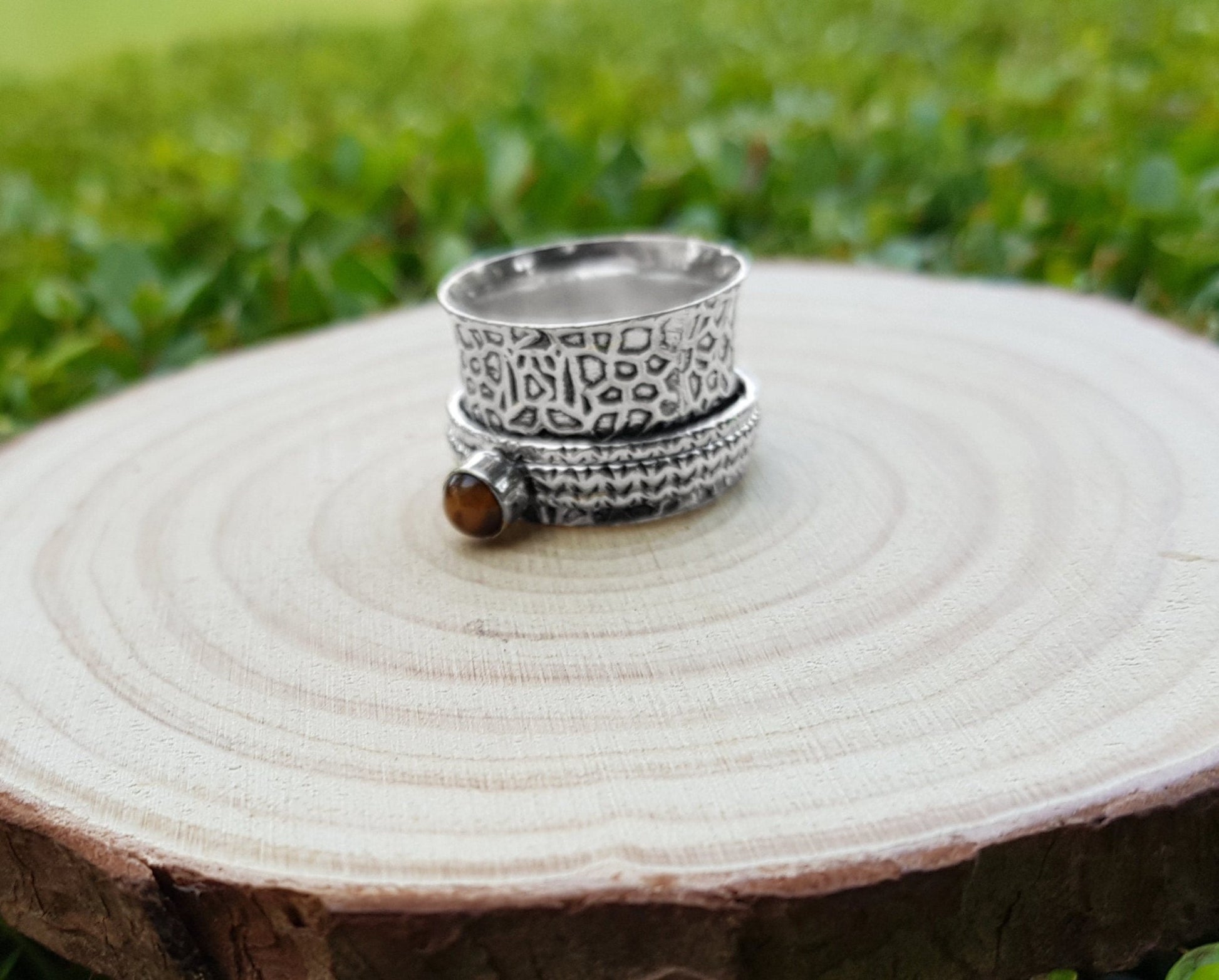 Tiger's Eye Sterling Silver Spinner Ring - US Size 8.75 - LunarGem - Rings