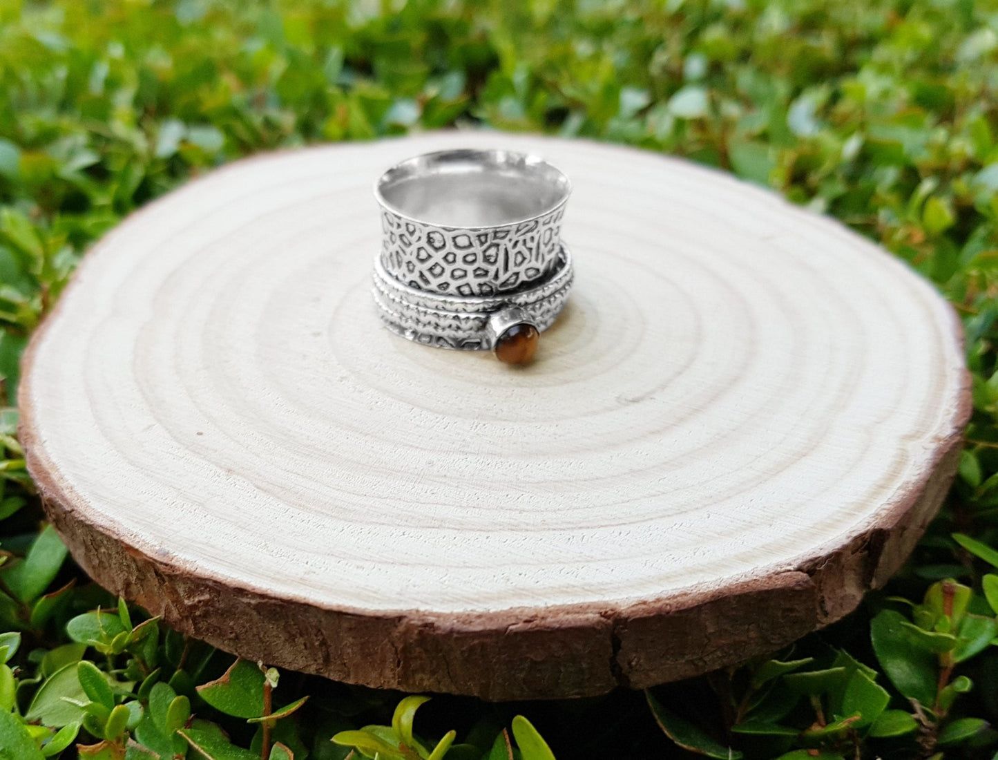 Tiger's Eye Sterling Silver Spinner Ring - US Size 8.75 - LunarGem - Rings