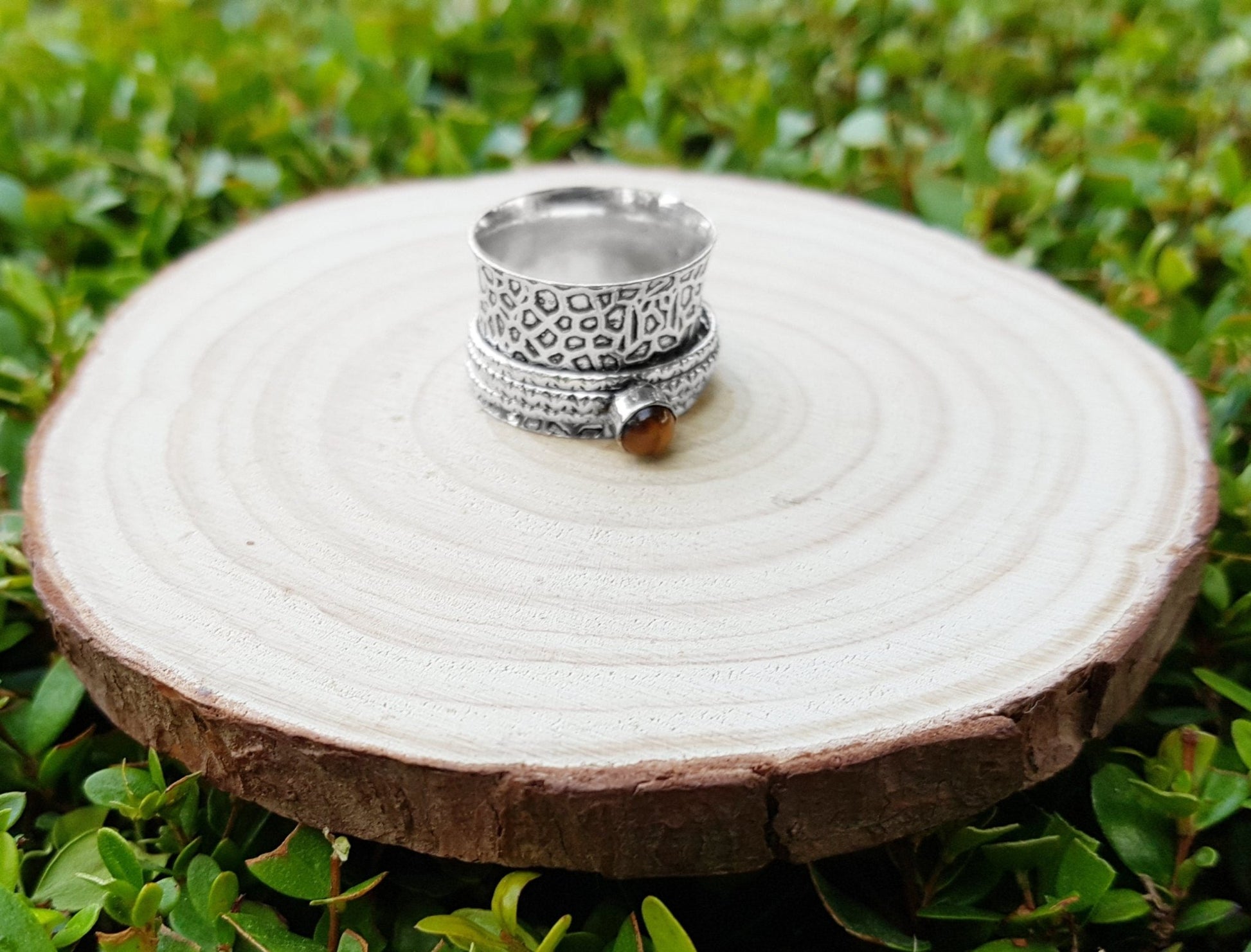 Tiger's Eye Sterling Silver Spinner Ring - US Size 8.75 - LunarGem - Rings