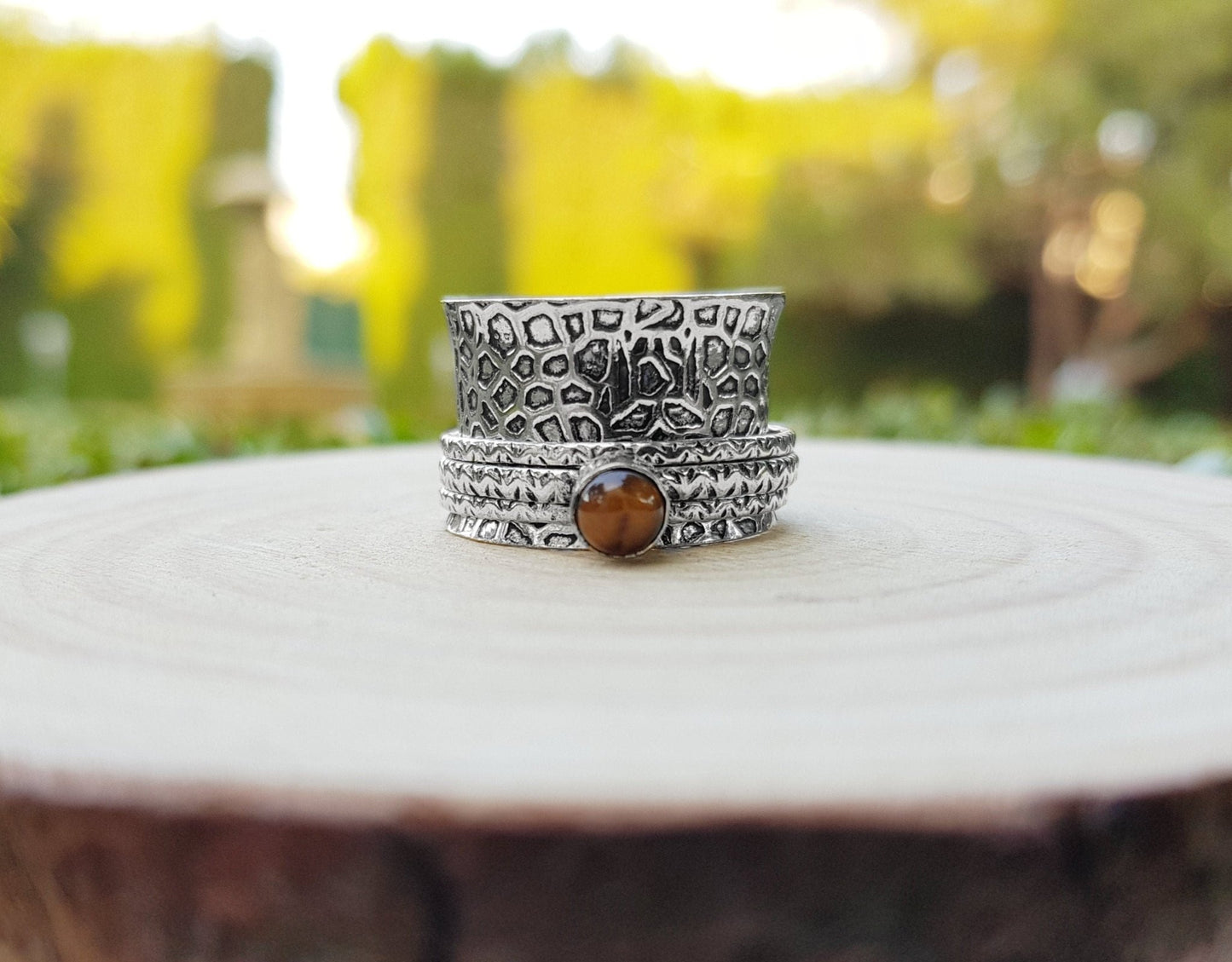 Tiger's Eye Sterling Silver Spinner Ring - US Size 8.75 - LunarGem - Rings