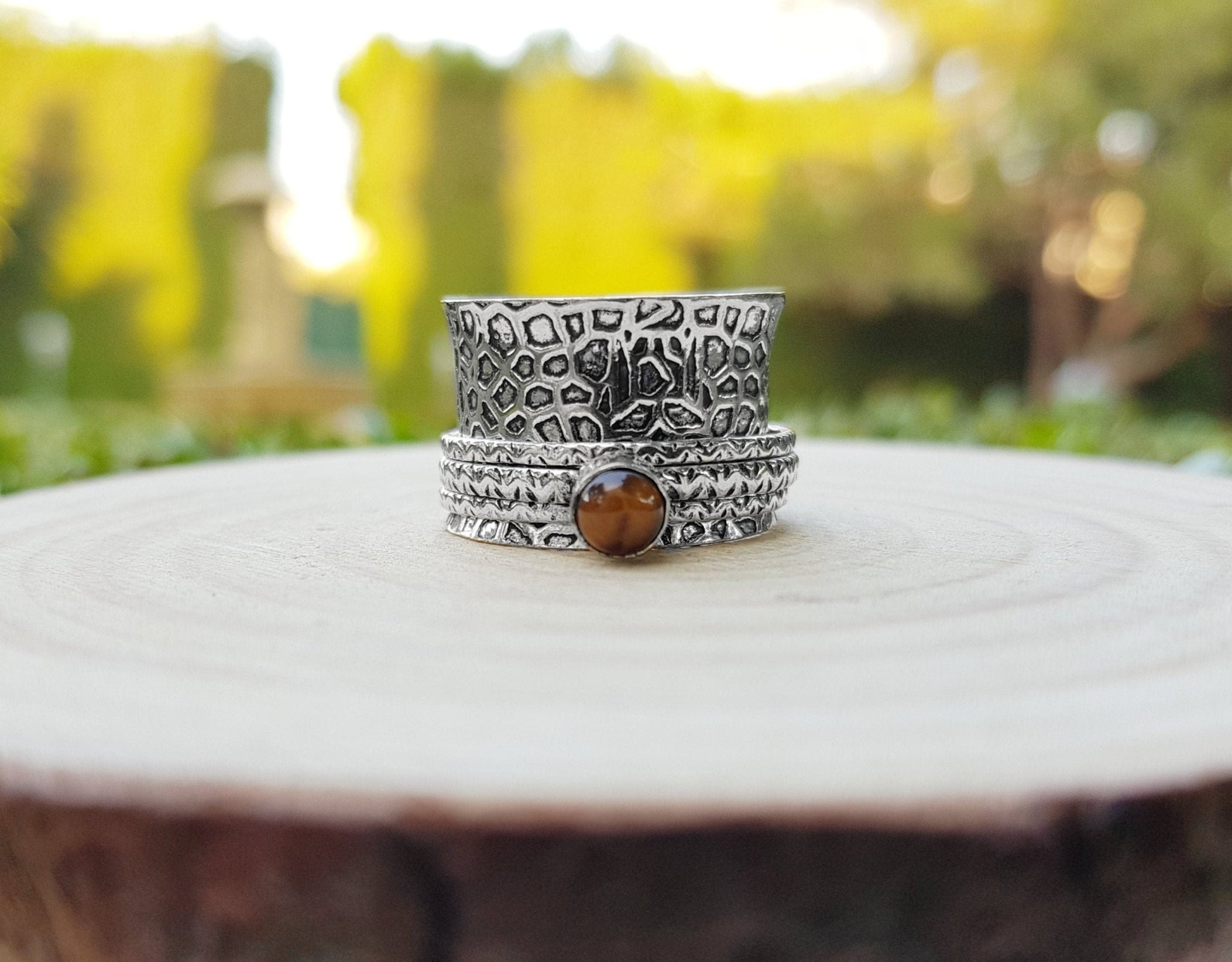 Tiger's Eye Sterling Silver Spinner Ring - US Size 8.75 - LunarGem - Rings