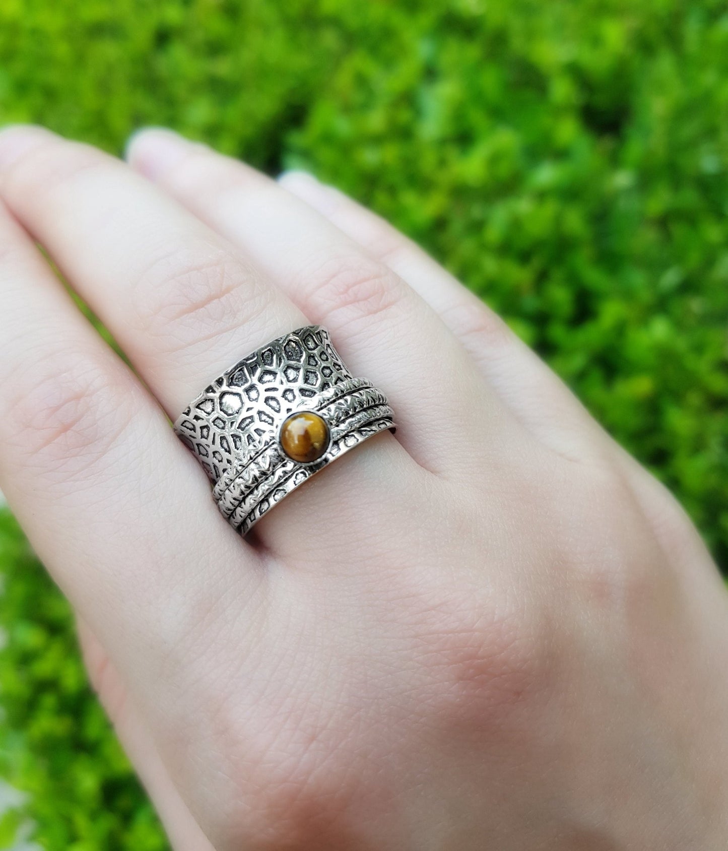 Tiger's Eye Sterling Silver Spinner Ring - US Size 8.75 - LunarGem - Rings