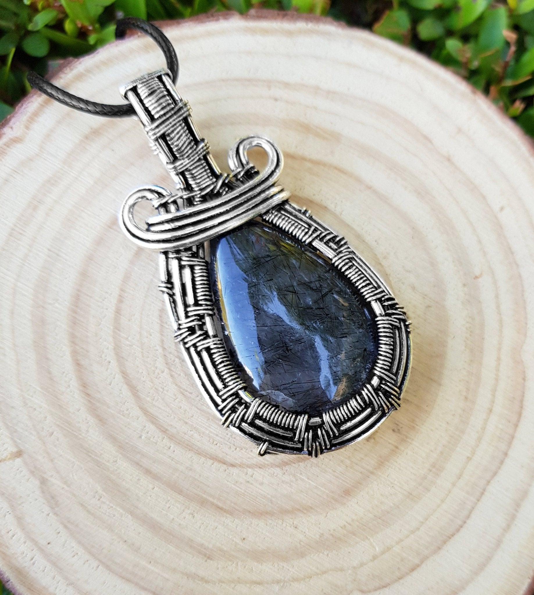 Tourmalinated Quartz Sterling Silver Pendant: Wire Wrapped Boho Necklace - LunarGem - 