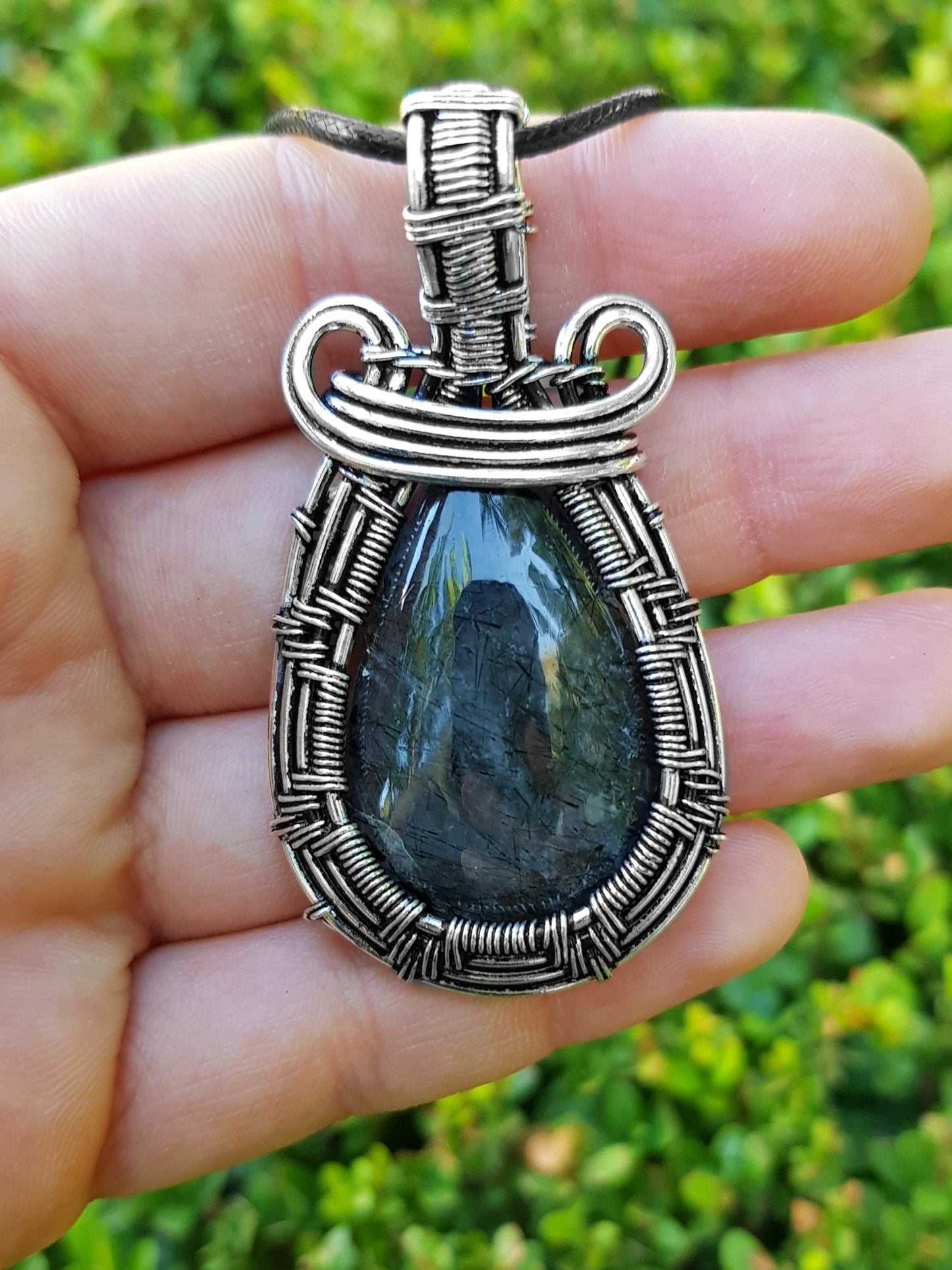 Tourmalinated Quartz Sterling Silver Pendant: Wire Wrapped Boho Necklace - LunarGem - 