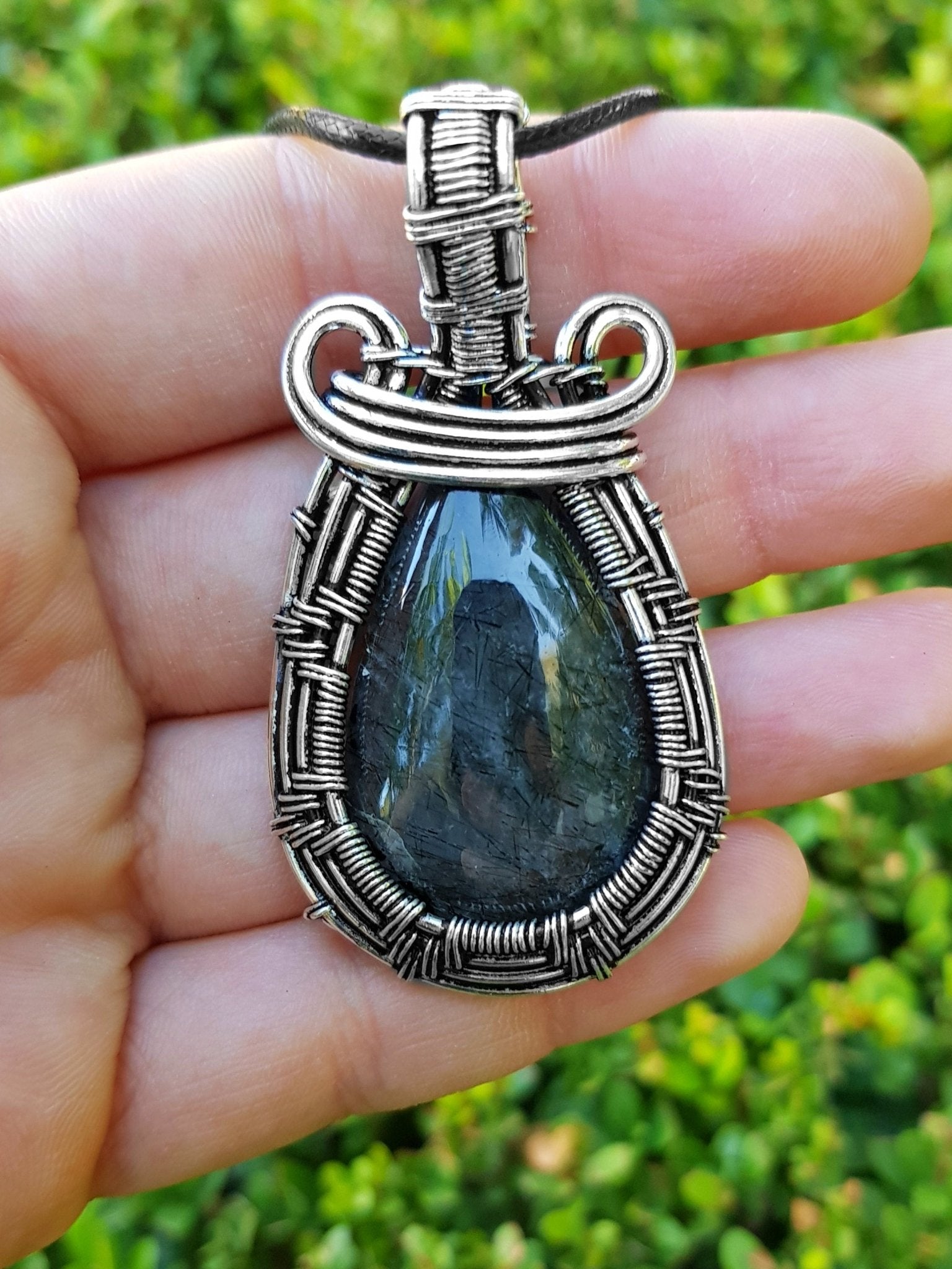 Tourmalinated Quartz Sterling Silver Pendant: Wire Wrapped Boho Necklace - LunarGem - 