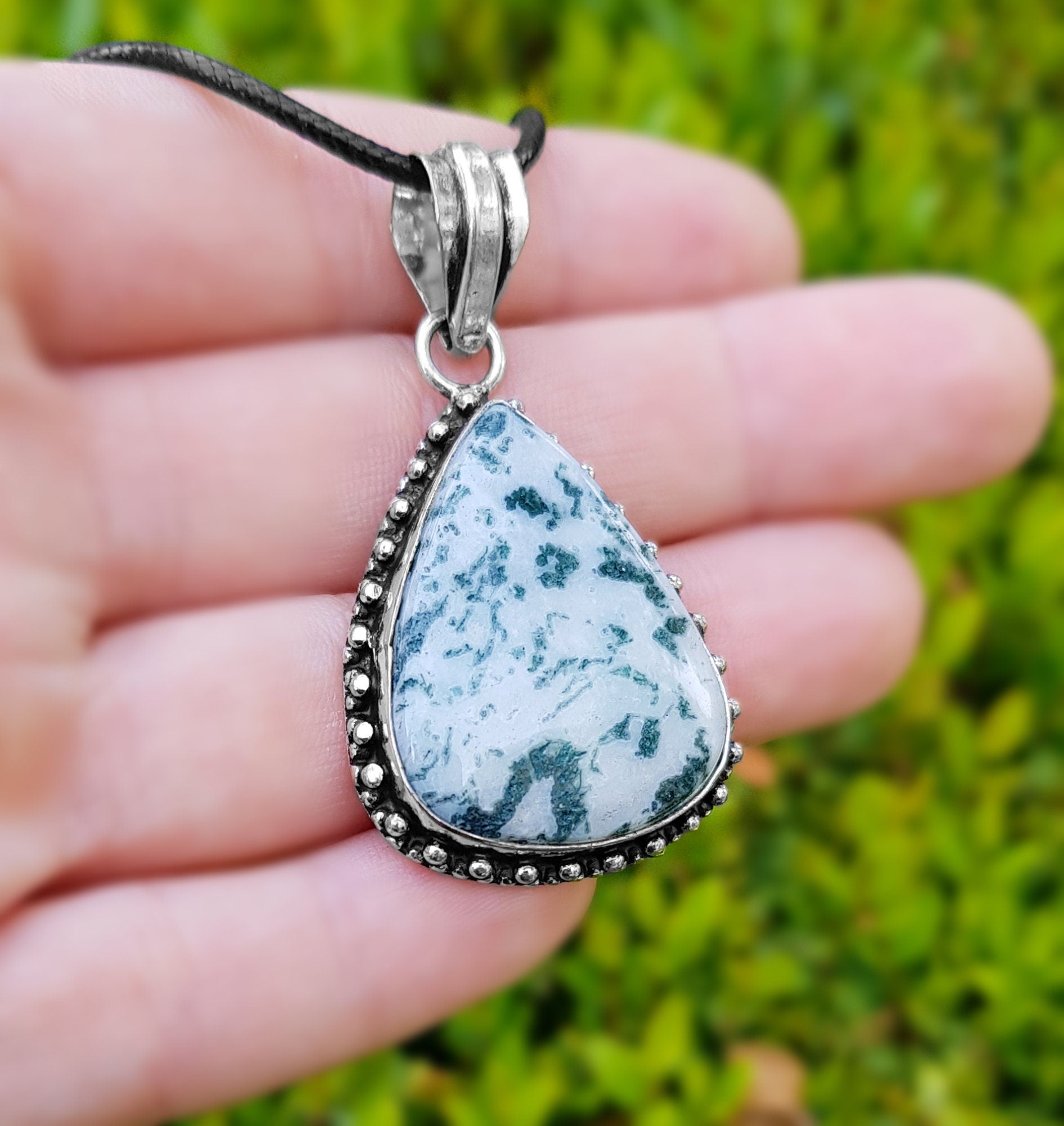 Tree Agate Sterling Silver Pendant Necklace, Boho Statement Jewelry - LunarGem - Charms & Pendants