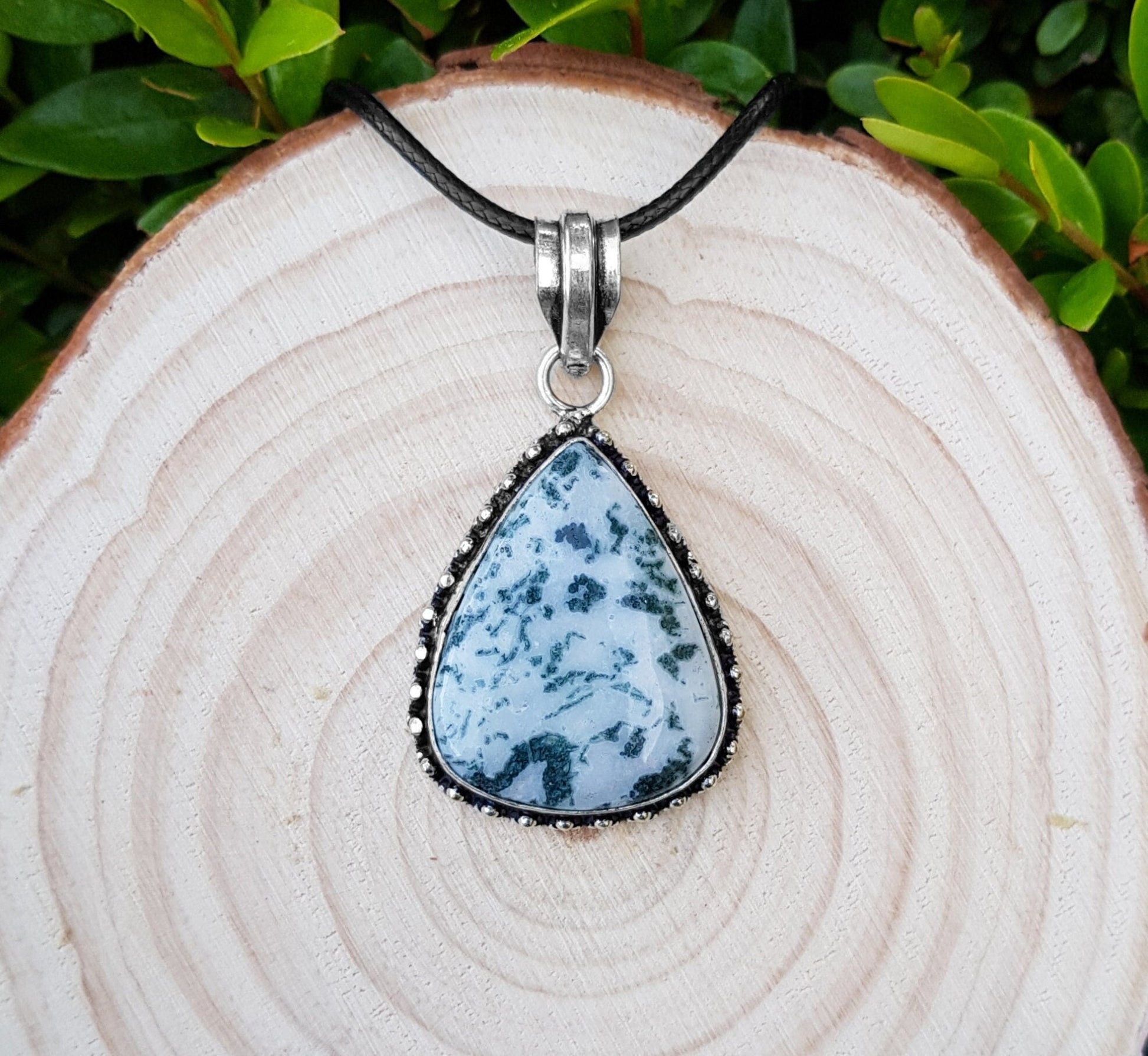 Tree Agate Sterling Silver Pendant Necklace, Boho Statement Jewelry - LunarGem - Charms & Pendants