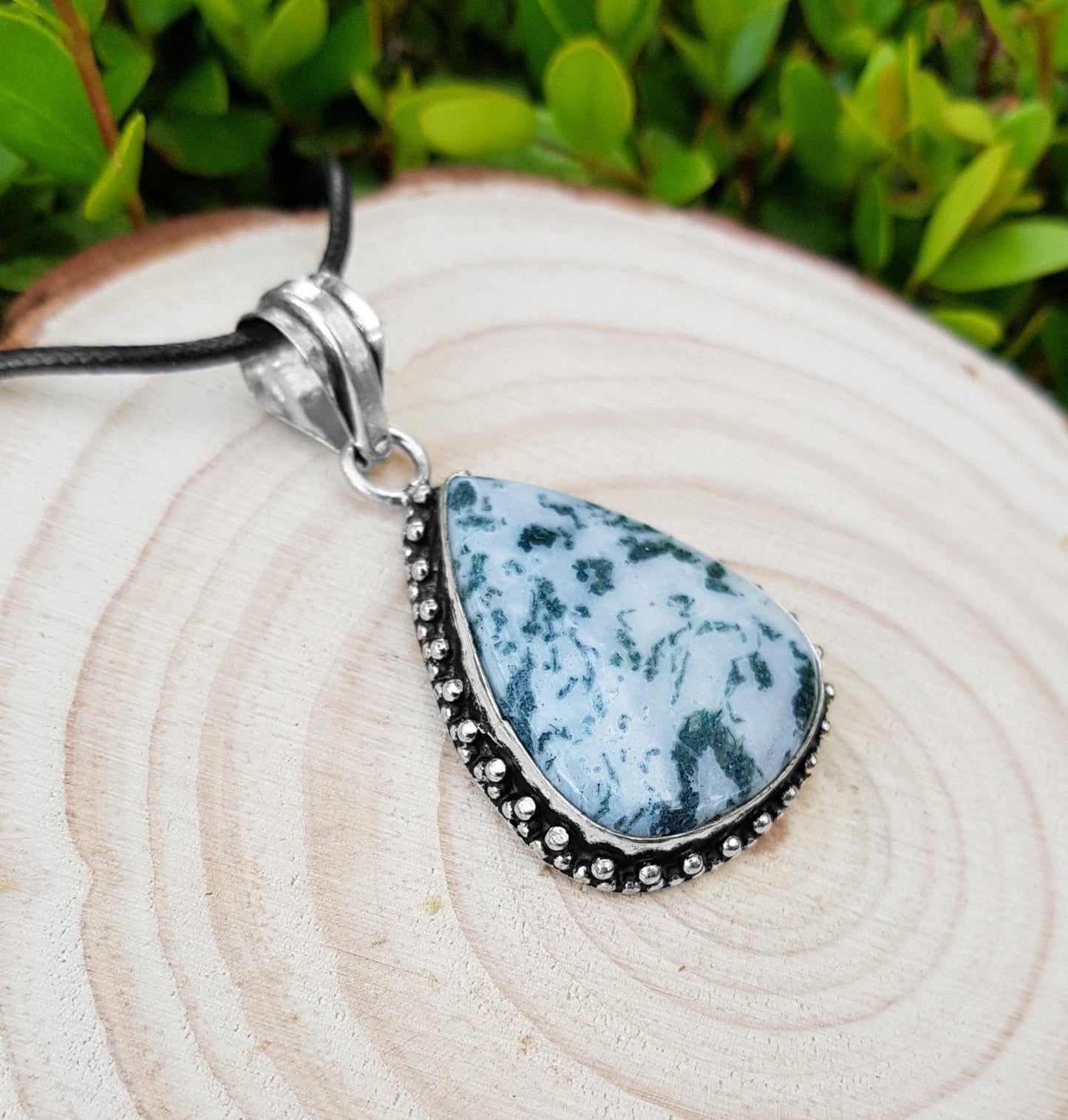 Tree Agate Sterling Silver Pendant Necklace, Boho Statement Jewelry - LunarGem - Charms & Pendants
