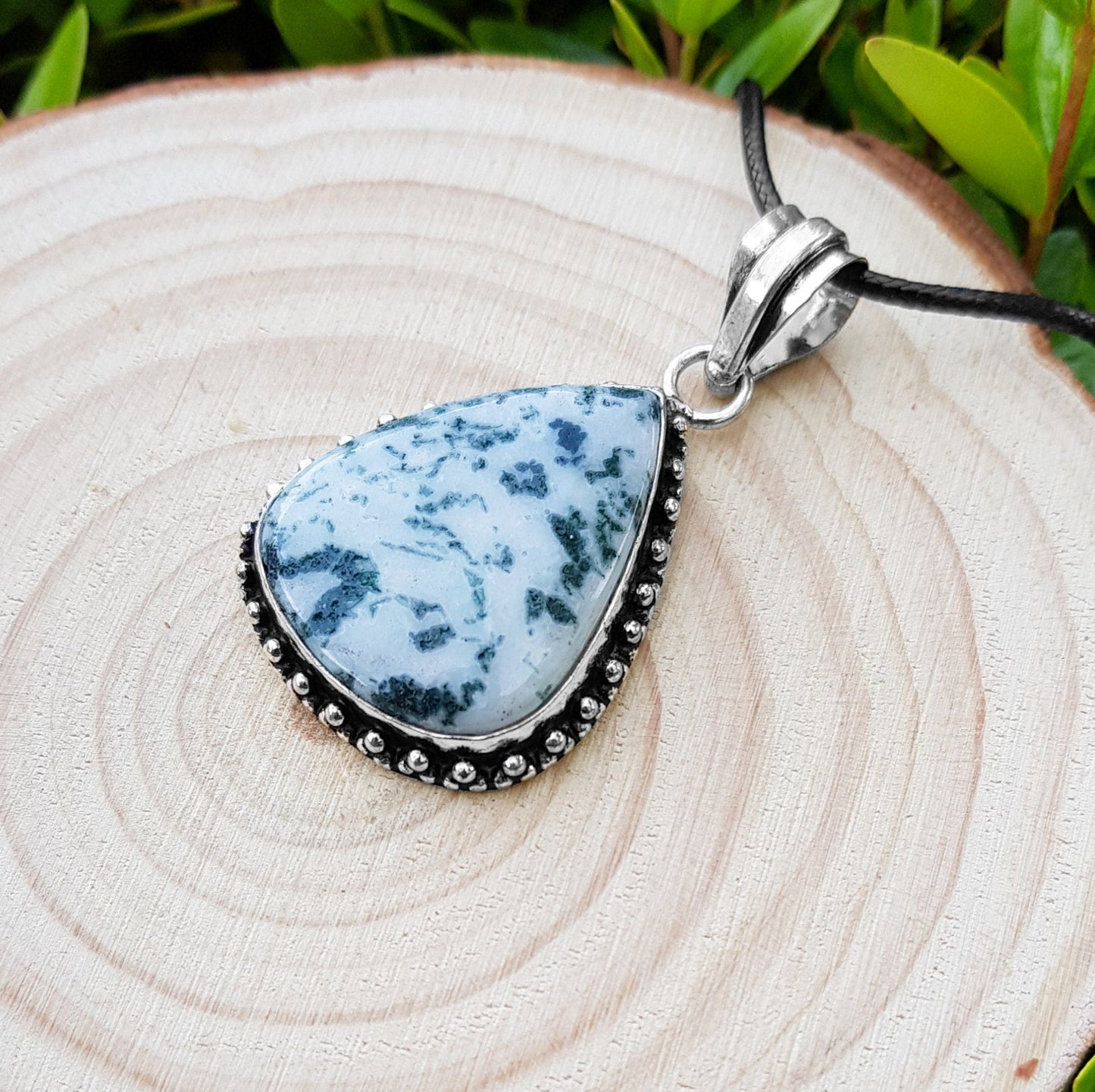 Tree Agate Sterling Silver Pendant Necklace, Boho Statement Jewelry - LunarGem - Charms & Pendants