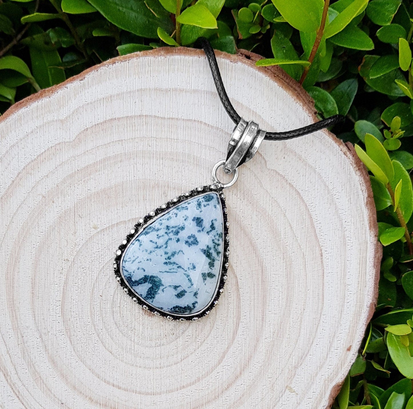 Tree Agate Sterling Silver Pendant Necklace, Boho Statement Jewelry - LunarGem - Charms & Pendants