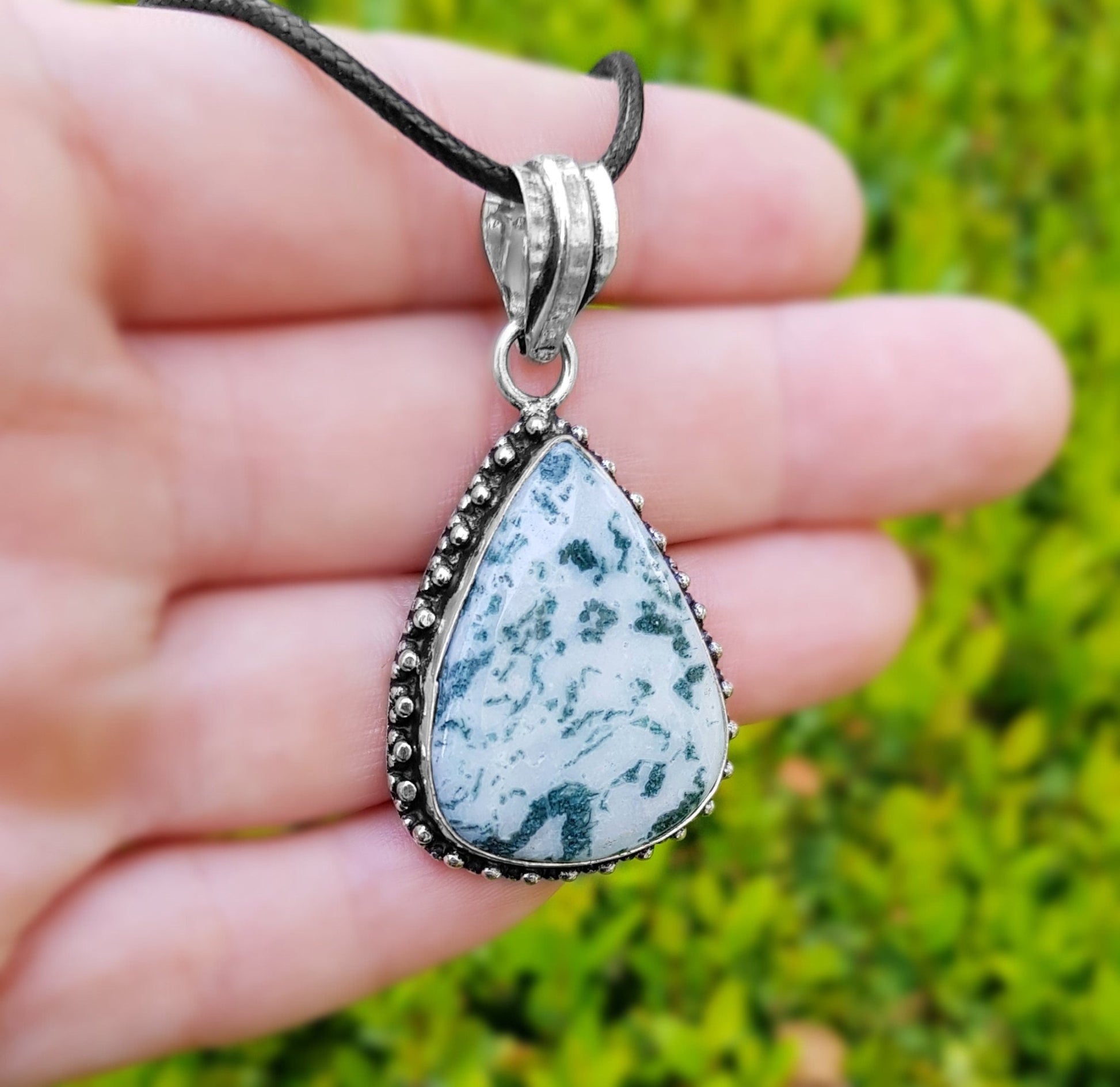 Tree Agate Sterling Silver Pendant Necklace, Boho Statement Jewelry - LunarGem - Charms & Pendants