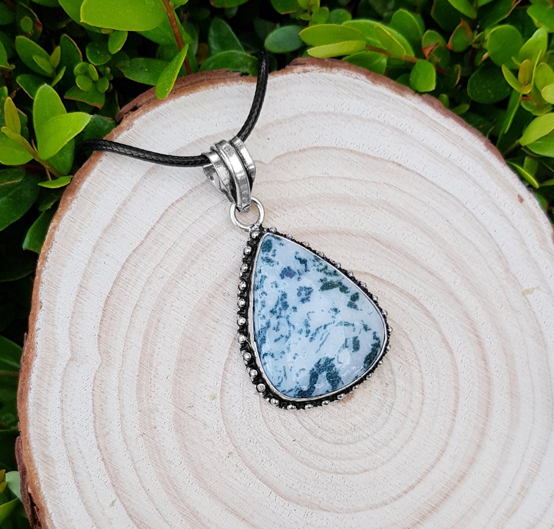 Tree Agate Sterling Silver Pendant Necklace, Boho Statement Jewelry - LunarGem - Charms & Pendants