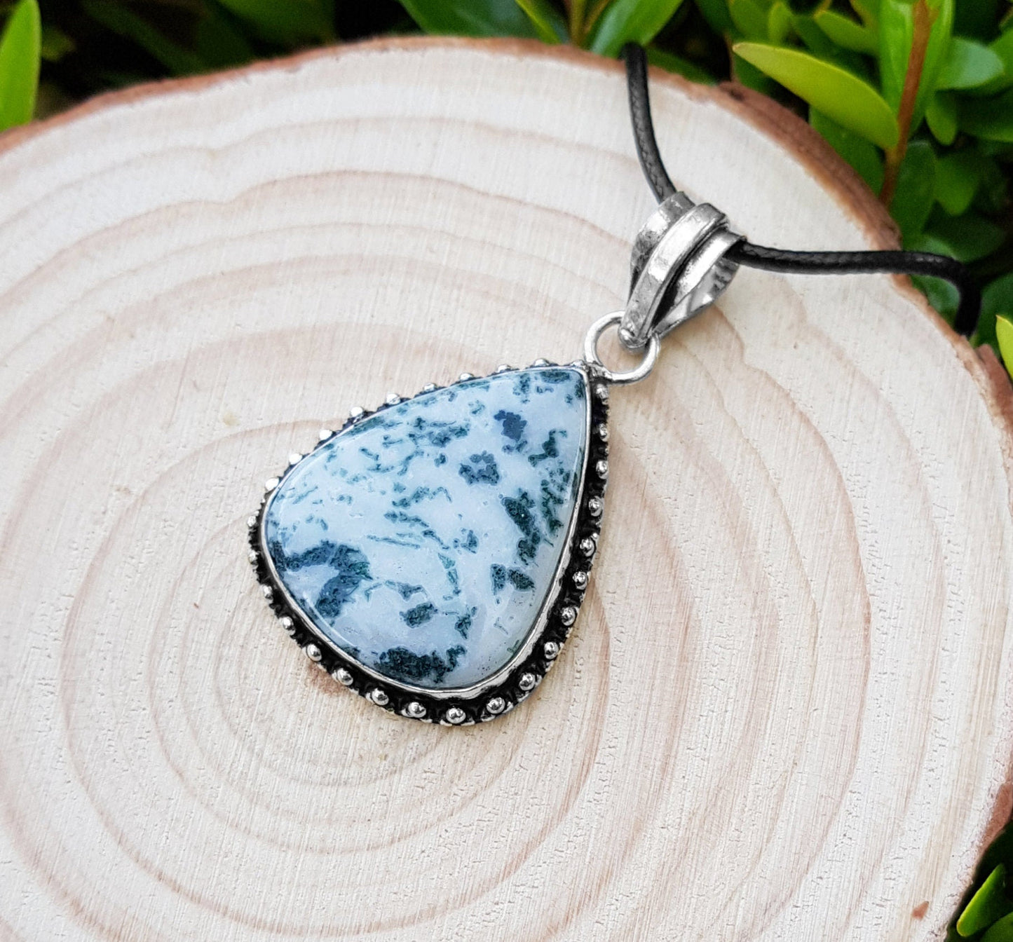 Tree Agate Sterling Silver Pendant Necklace, Boho Statement Jewelry - LunarGem - Charms & Pendants