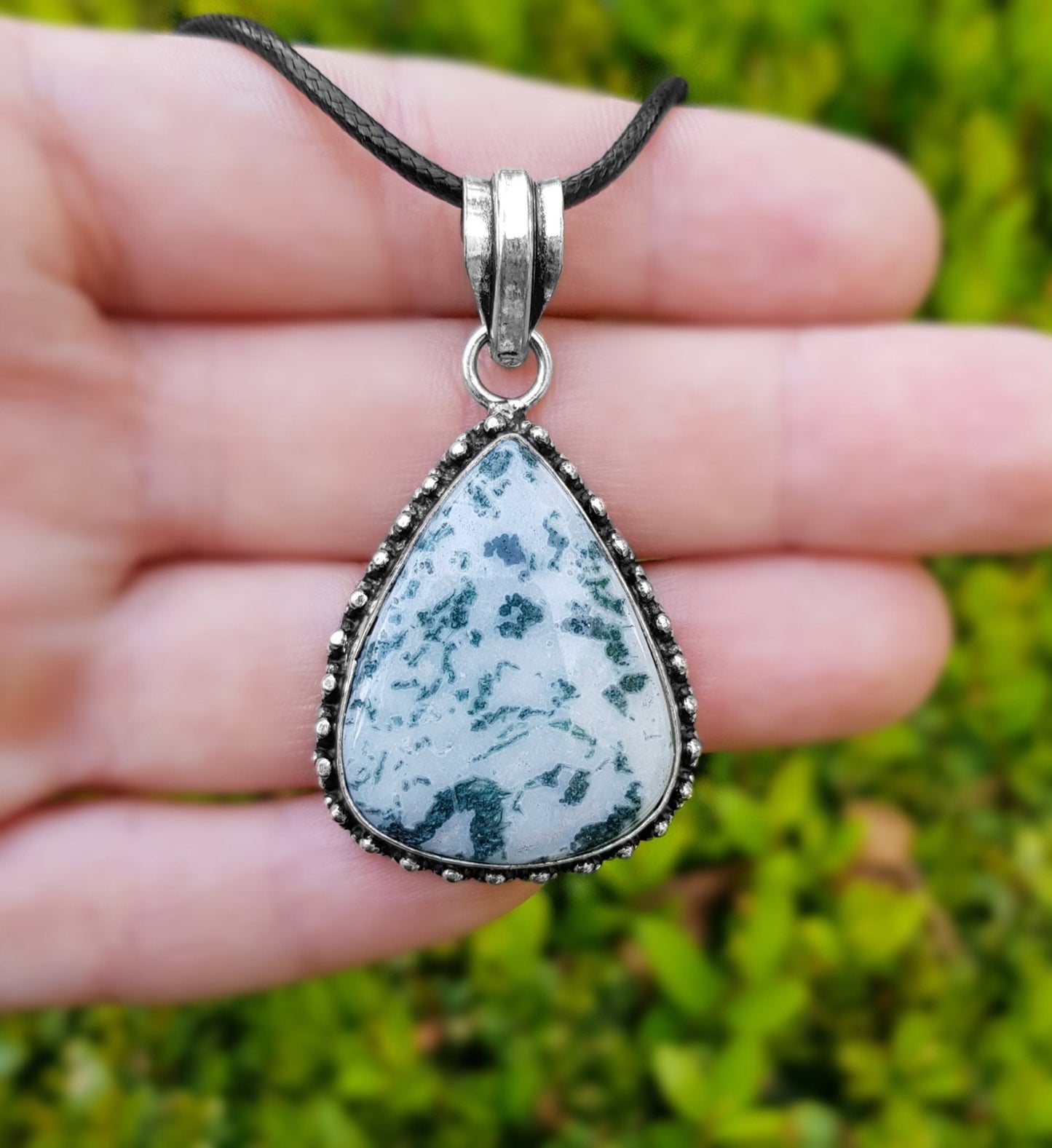 Tree Agate Sterling Silver Pendant Necklace, Boho Statement Jewelry - LunarGem - Charms & Pendants