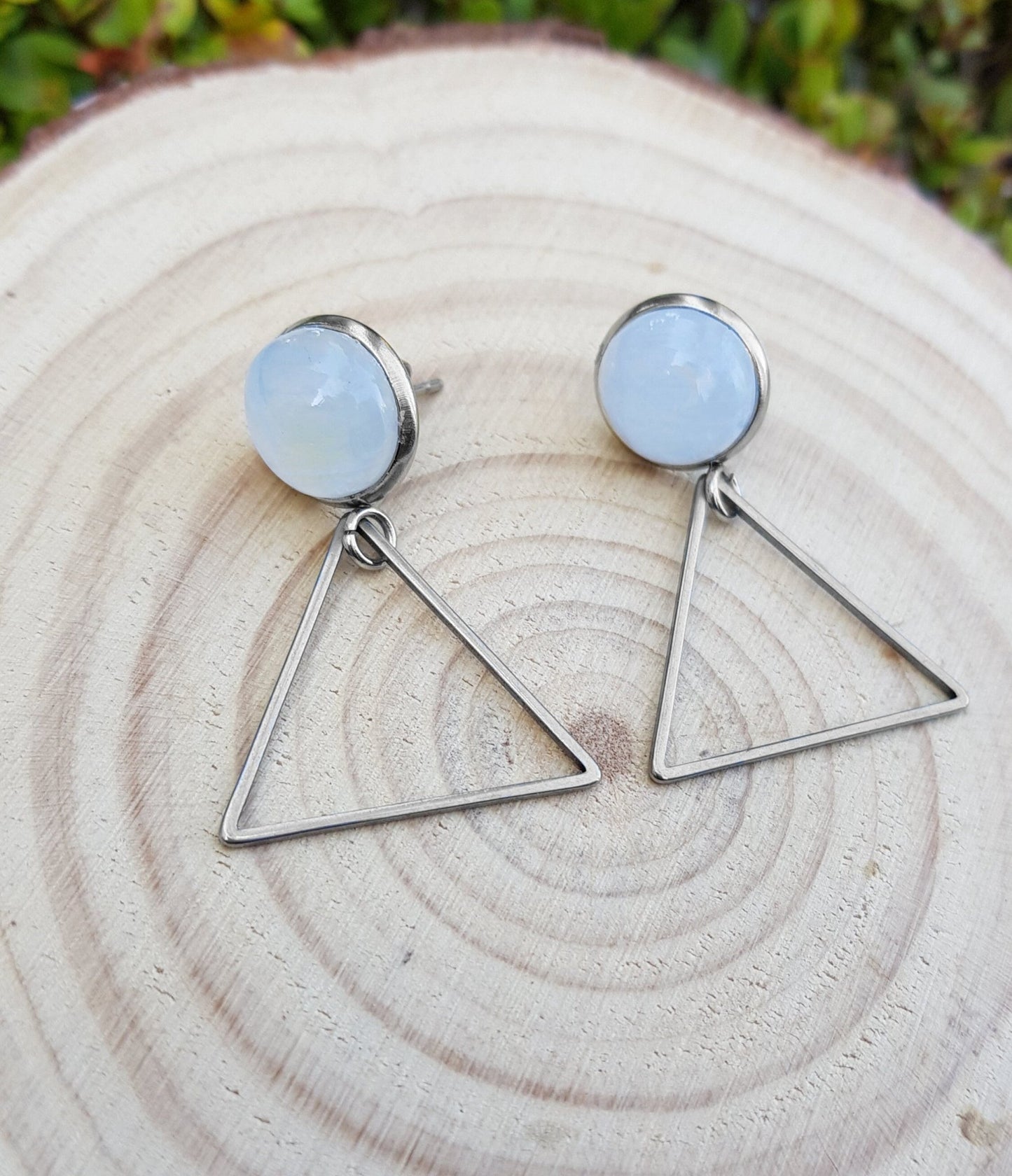 Triangle Dangle Labradorite Earrings, Surgical Steel Studs - LunarGem - Earrings