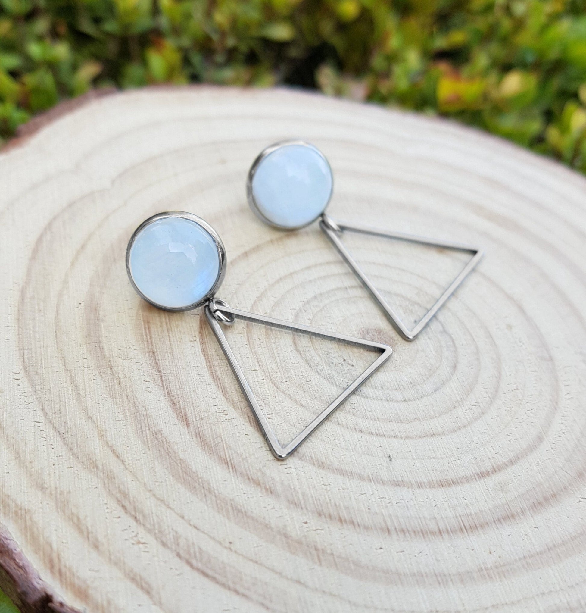 Triangle Dangle Labradorite Earrings, Surgical Steel Studs - LunarGem - Earrings