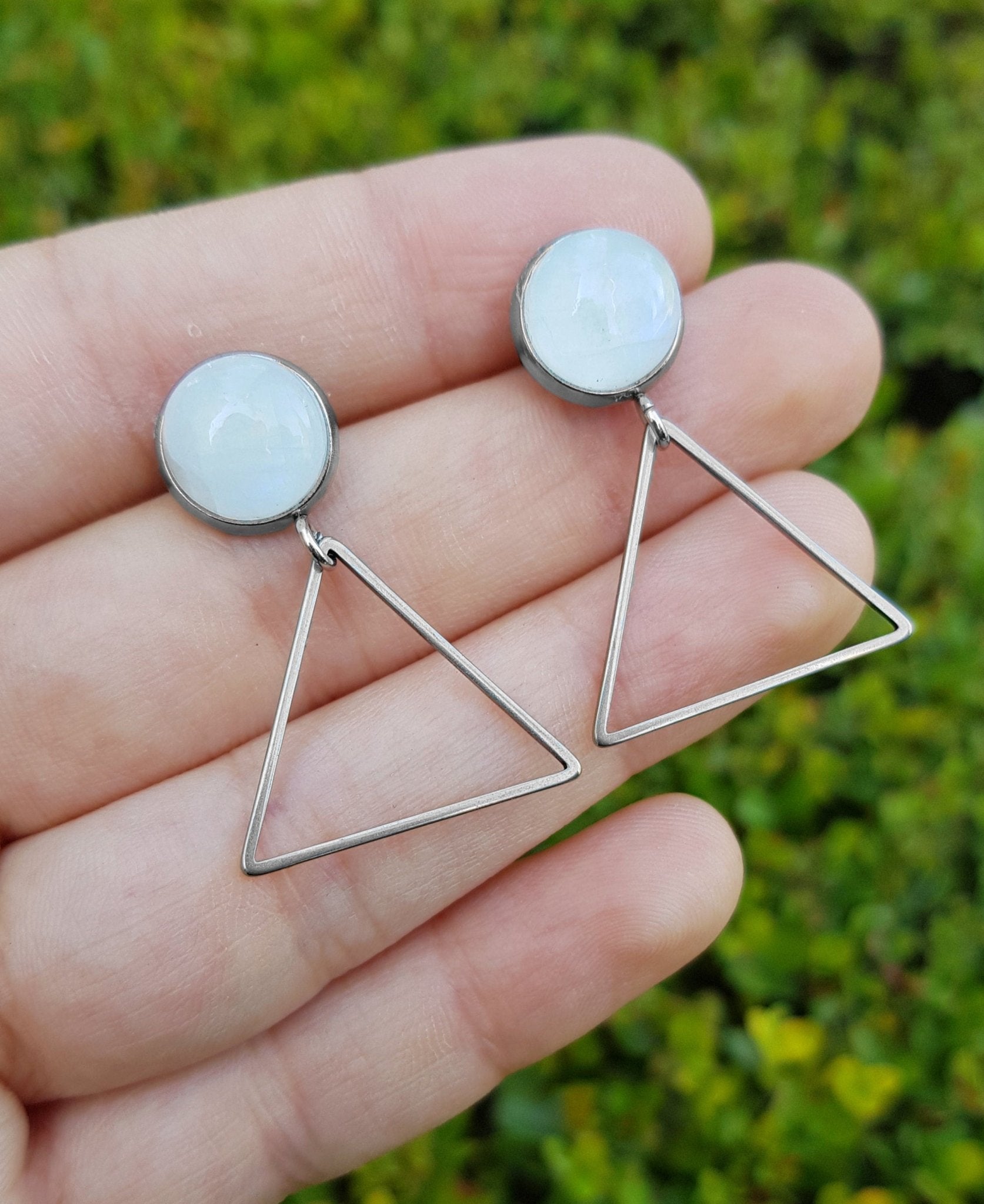 Triangle Dangle Labradorite Earrings, Surgical Steel Studs - LunarGem - Earrings