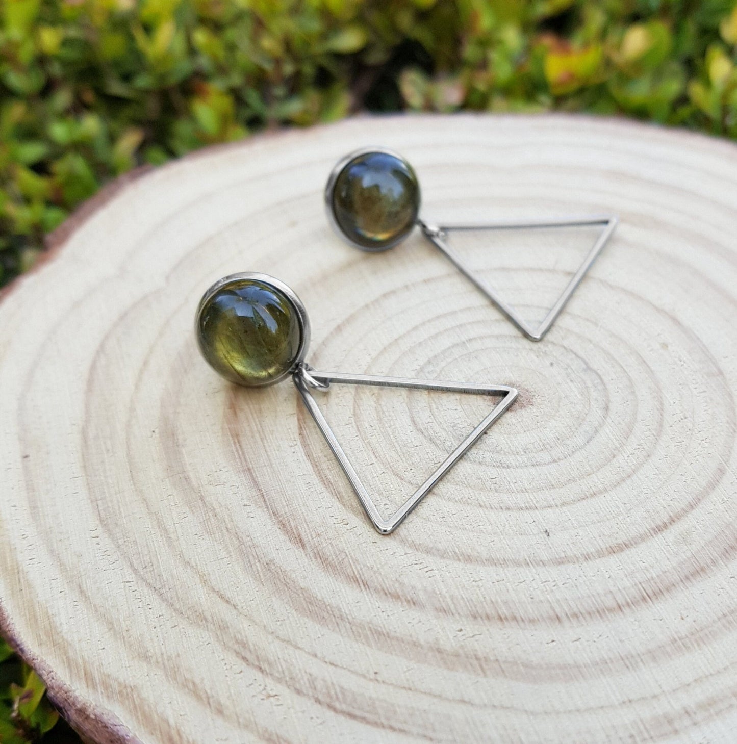 Triangle Dangle Labradorite Earrings, Surgical Steel Studs - LunarGem - Earrings