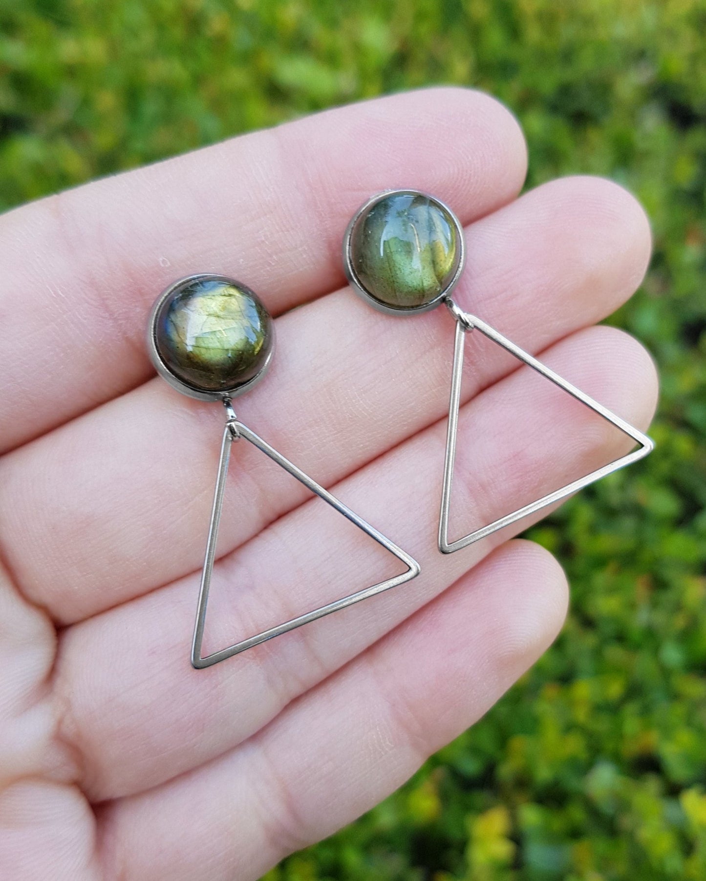 Triangle Dangle Labradorite Earrings, Surgical Steel Studs - LunarGem - Earrings