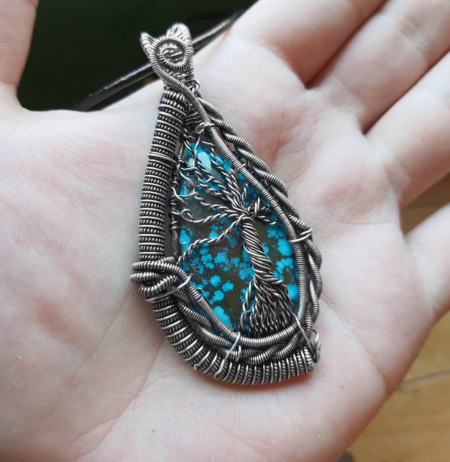Turquoise Wire Wrapped Pendant In Sterling Silver Statement Necklace One Of A Kind Jewelry - LunarGem - Necklaces