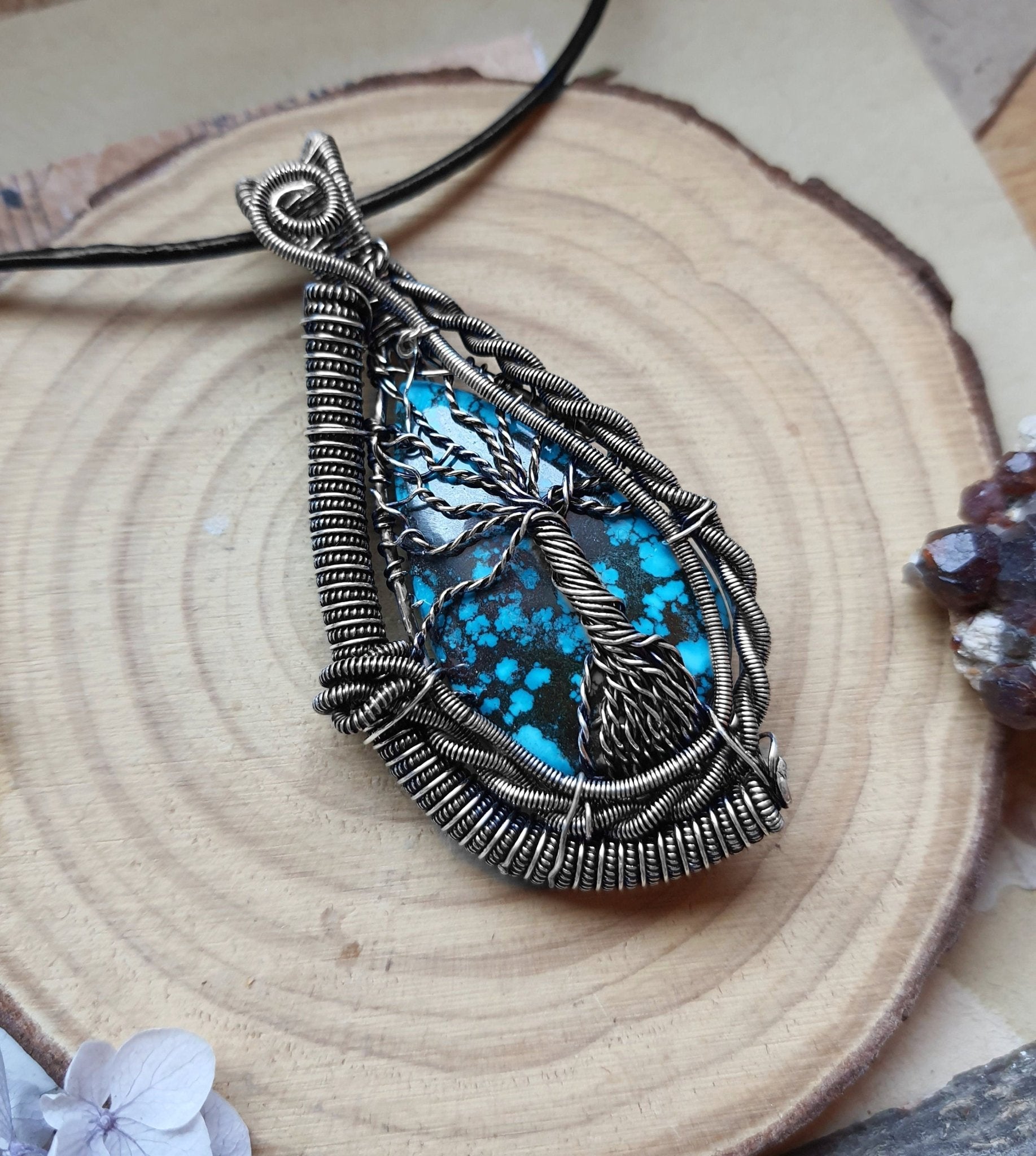 Turquoise Wire Wrapped Pendant In Sterling Silver Statement Necklace One Of A Kind Jewelry - LunarGem - Necklaces