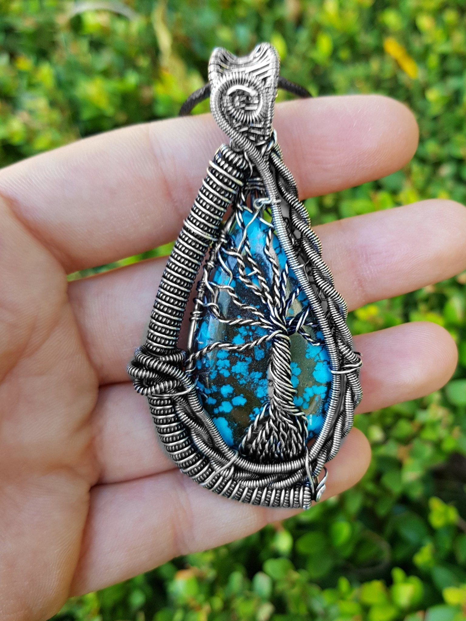 Turquoise Wire Wrapped Pendant In Sterling Silver Statement Necklace One Of A Kind Jewelry - LunarGem - Necklaces
