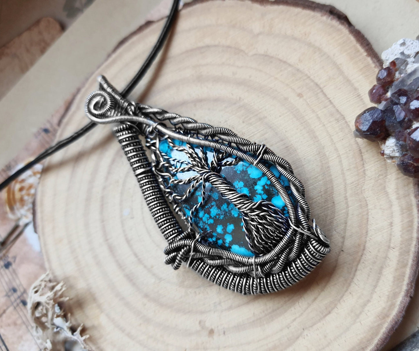 Turquoise Wire Wrapped Pendant In Sterling Silver Statement Necklace One Of A Kind Jewelry - LunarGem - Necklaces