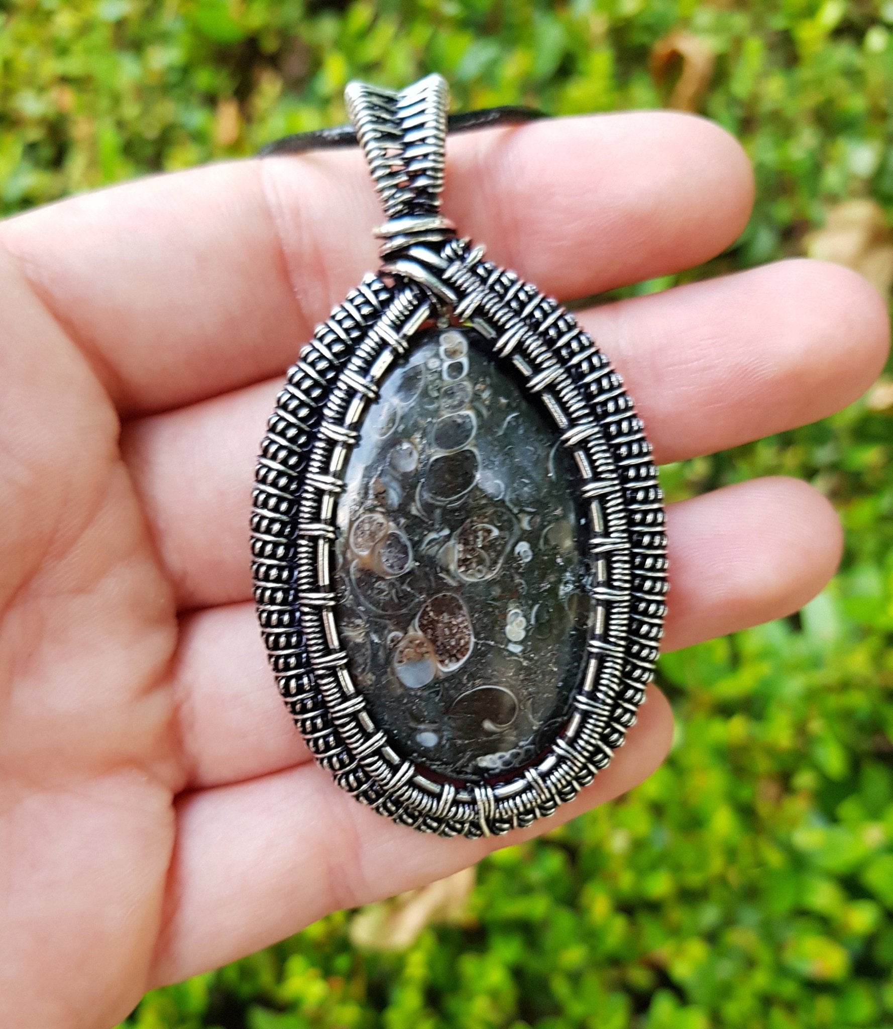 Turtella Jasper Sterling Silver Wire Wrapped Pendant: Boho Necklace - LunarGem - Jewelry
