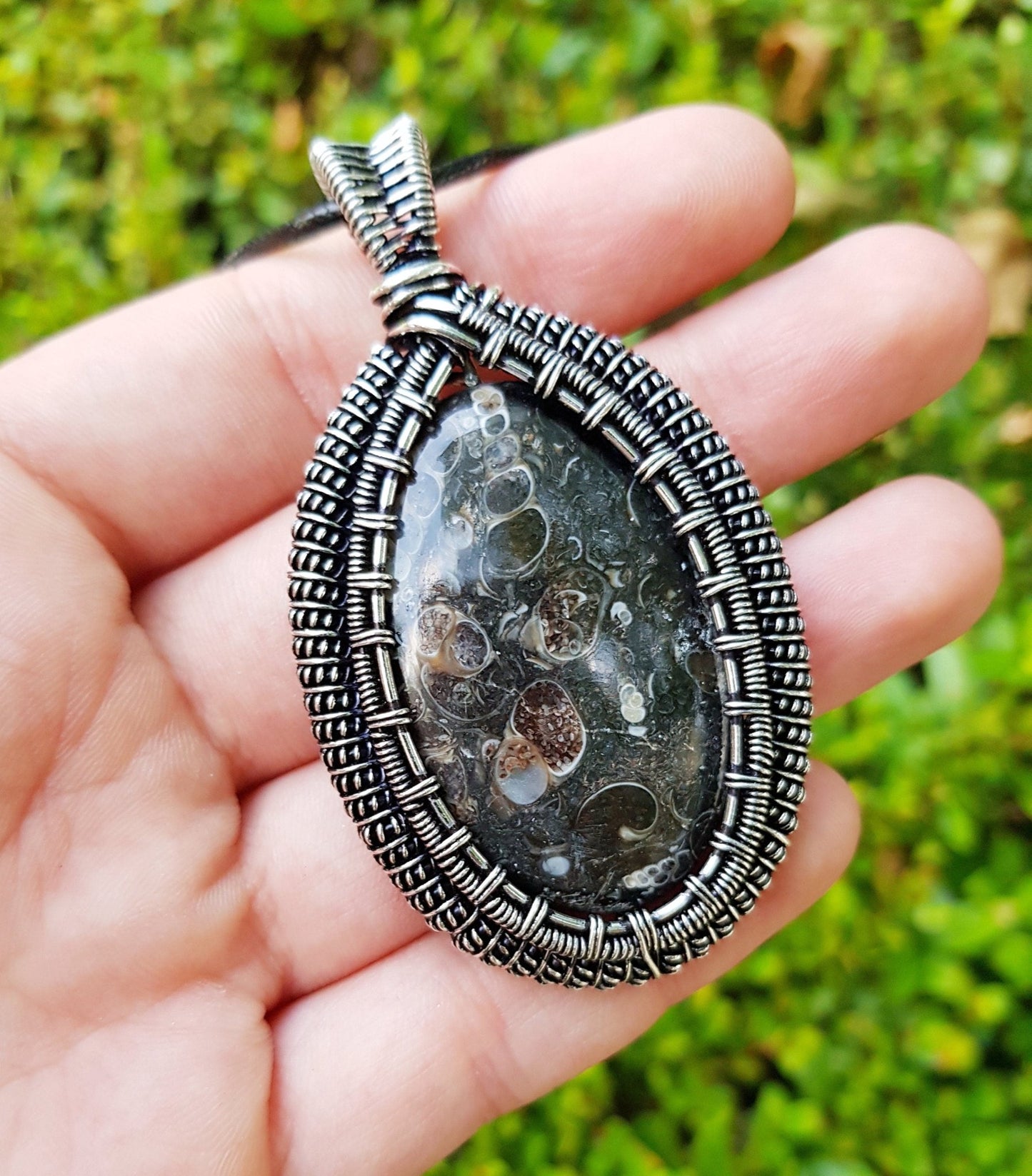 Turtella Jasper Sterling Silver Wire Wrapped Pendant: Boho Necklace - LunarGem - Jewelry