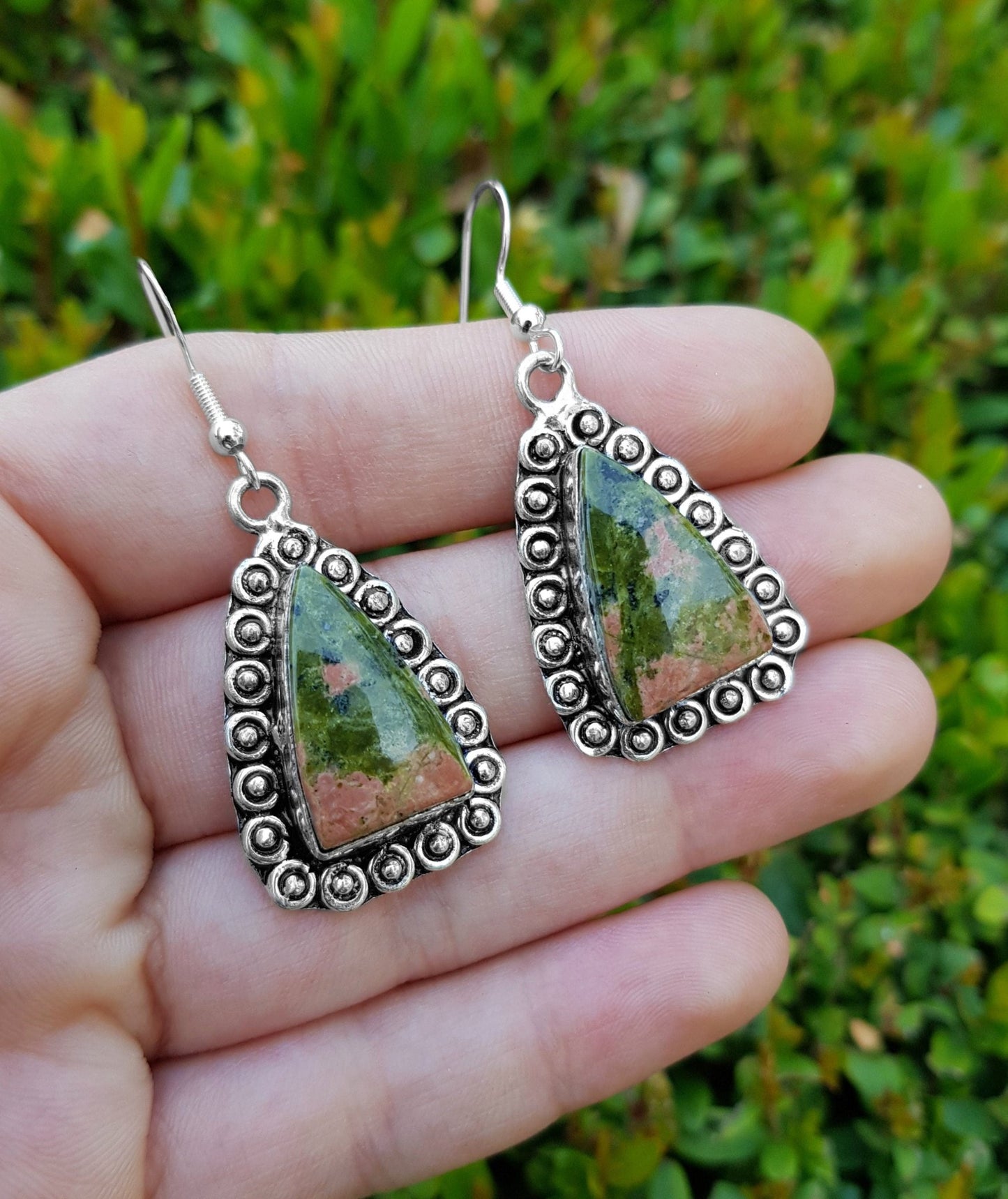 Unakite Sterling Silver Dangle Earrings: Boho Gemstone Jewelry - LunarGem - Earrings