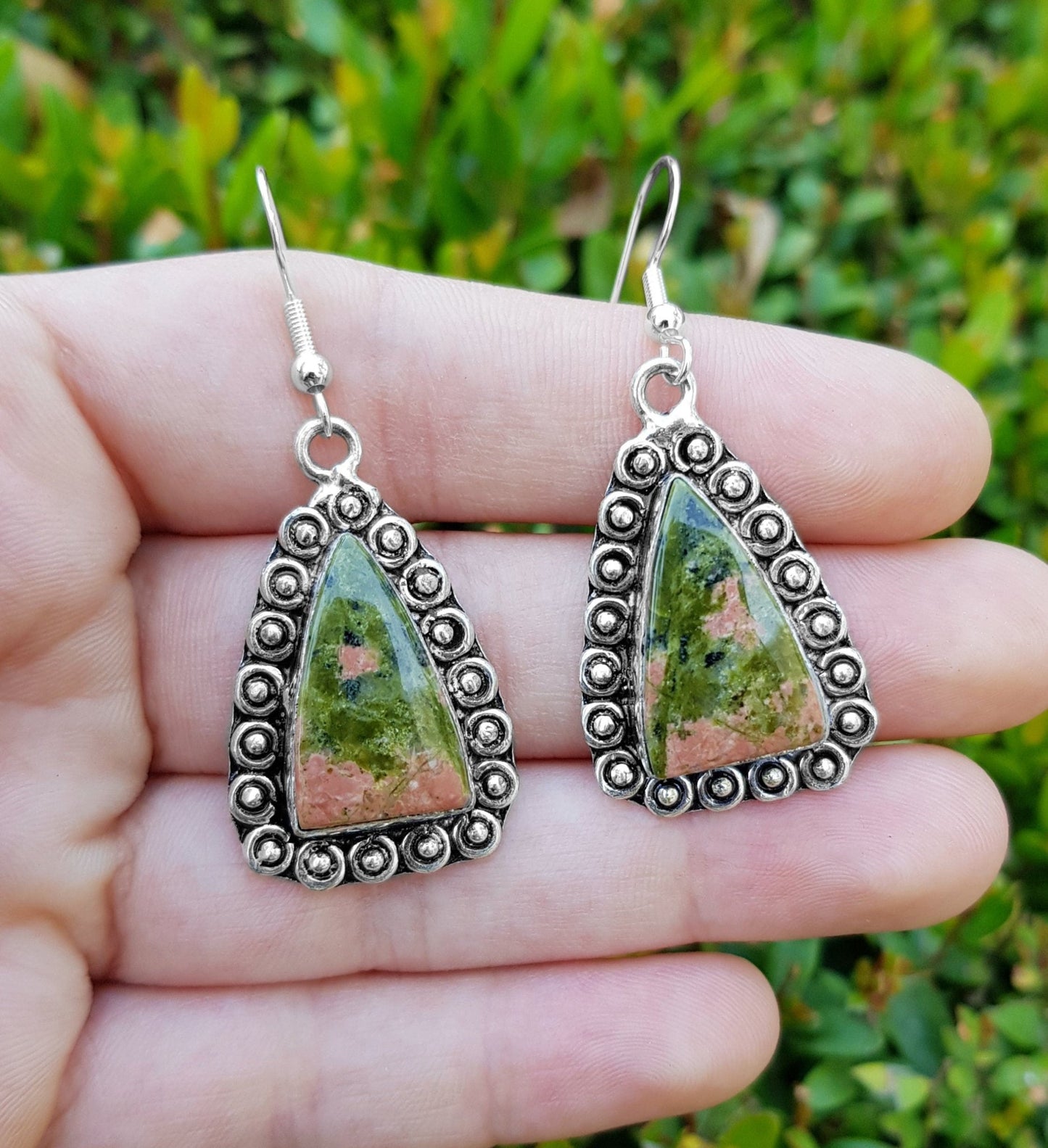 Unakite Sterling Silver Dangle Earrings: Boho Gemstone Jewelry - LunarGem - Earrings