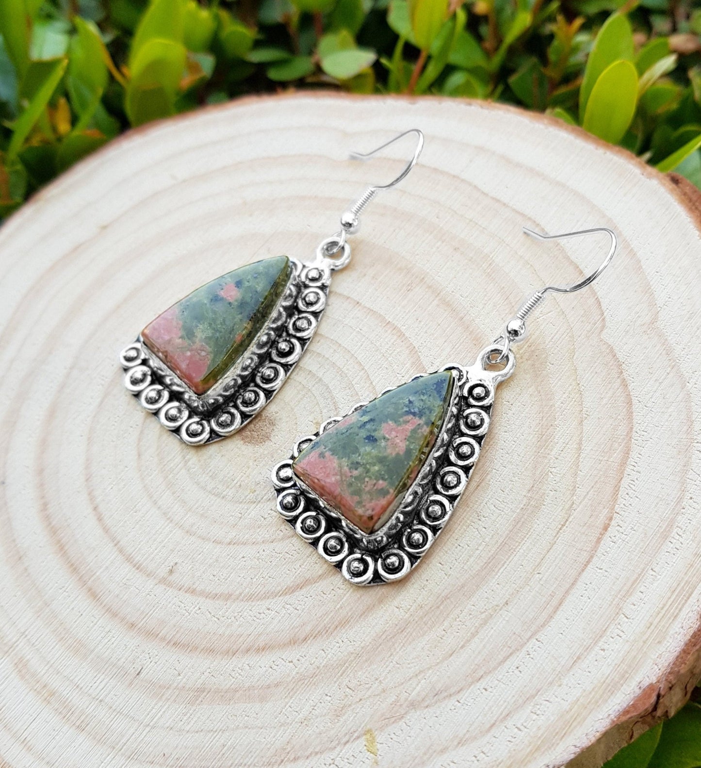 Unakite Sterling Silver Dangle Earrings: Boho Gemstone Jewelry - LunarGem - Earrings
