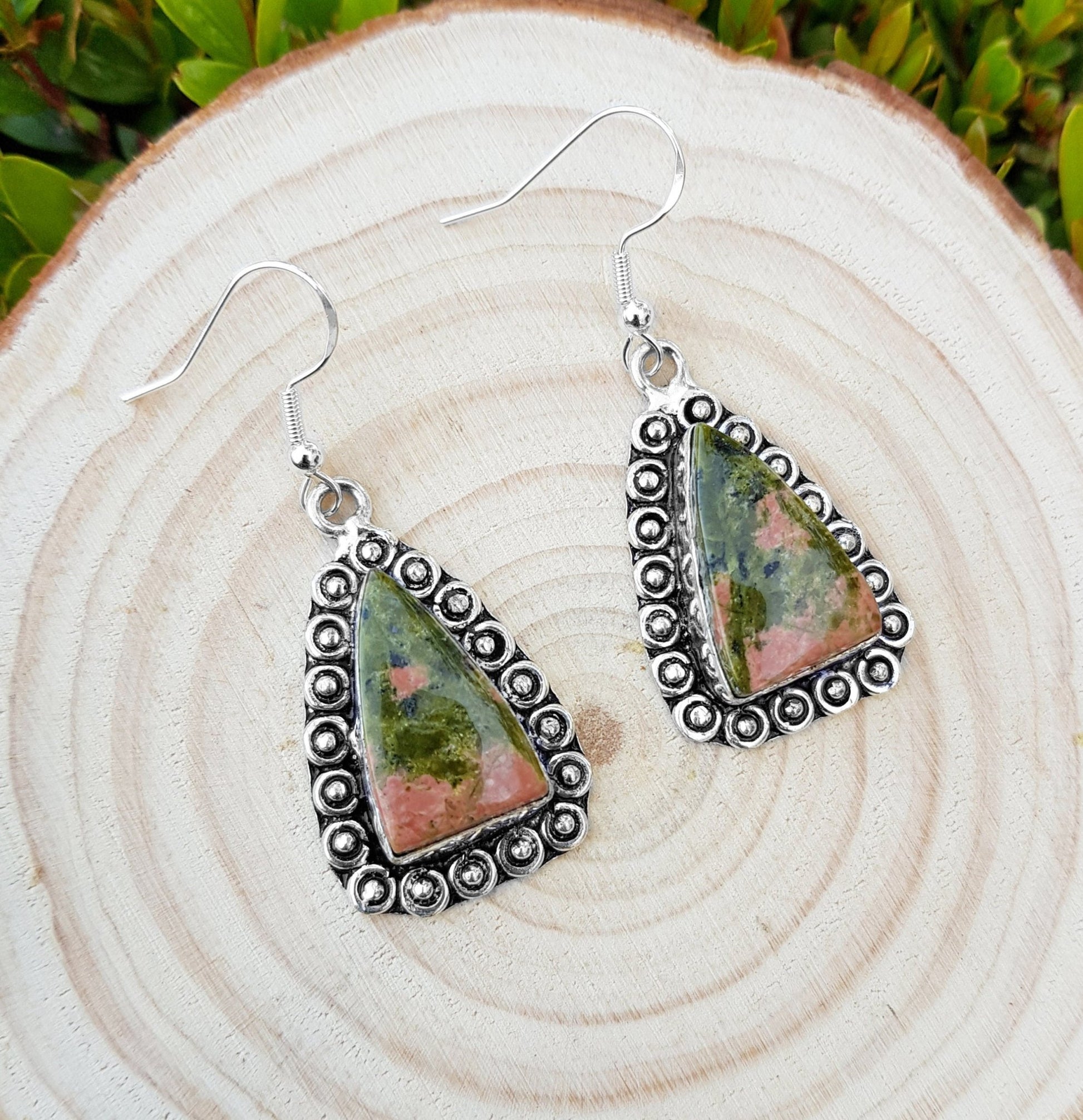Unakite Sterling Silver Dangle Earrings: Boho Gemstone Jewelry - LunarGem - Earrings