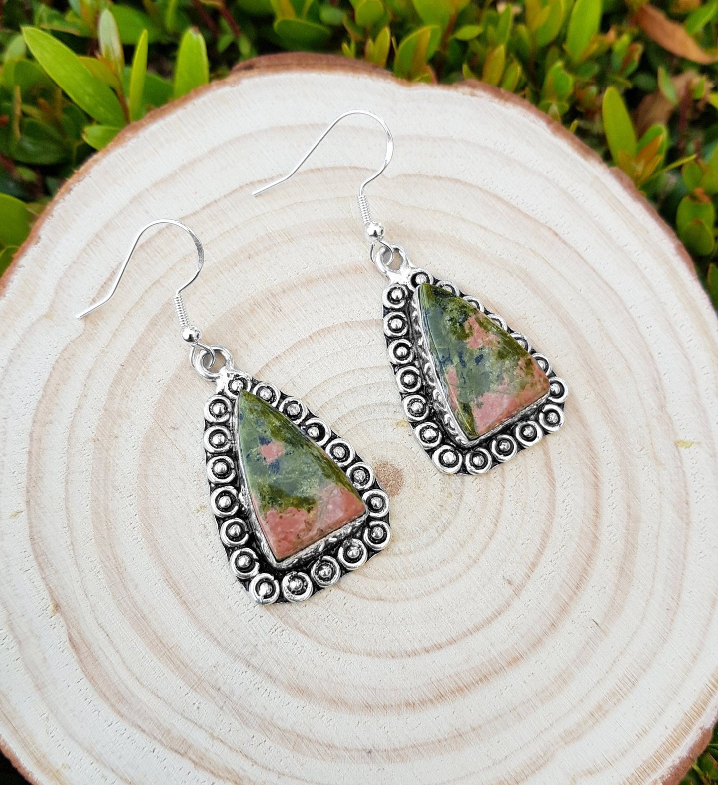 Unakite Sterling Silver Dangle Earrings: Boho Gemstone Jewelry - LunarGem - Earrings