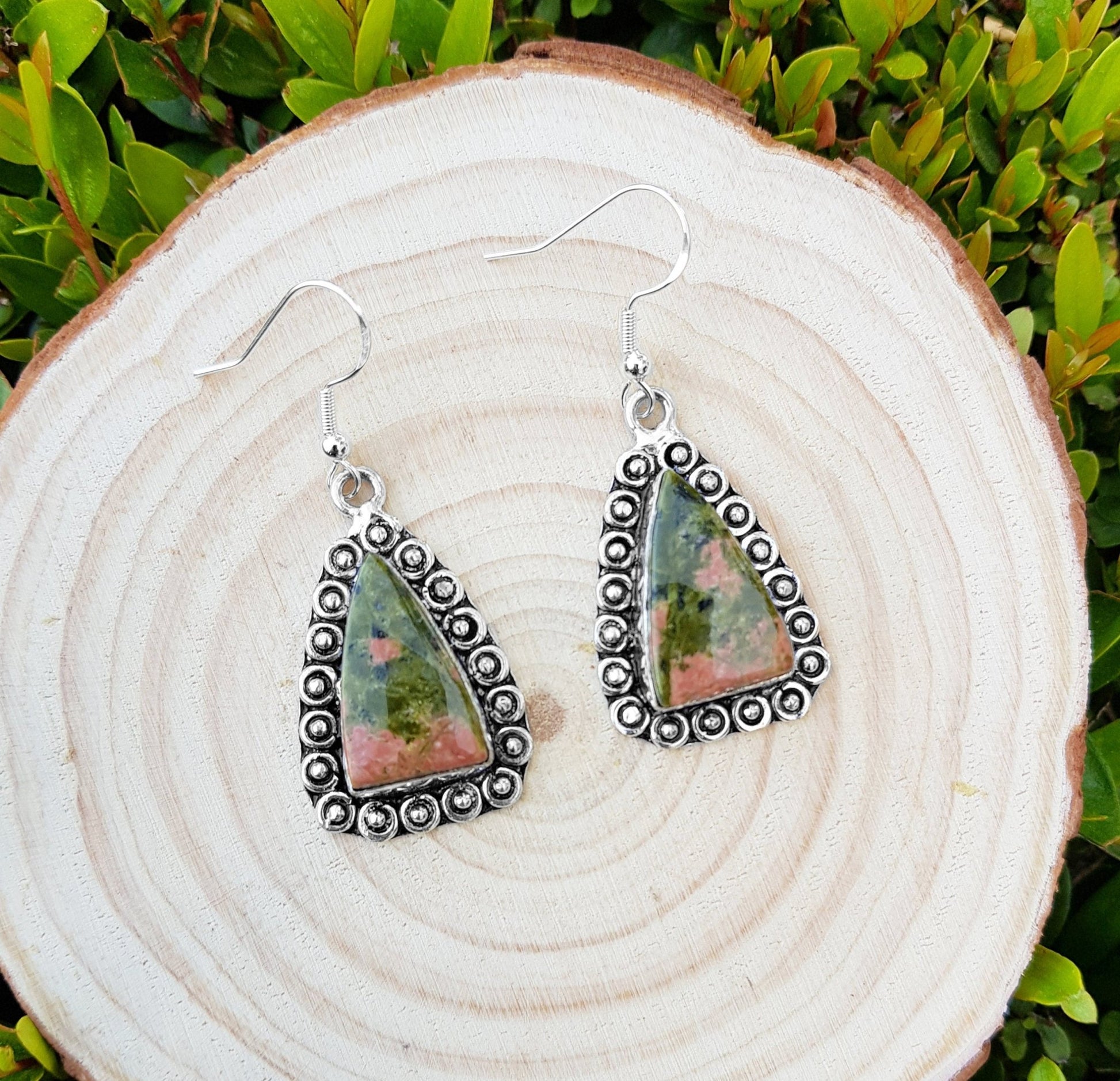 Unakite Sterling Silver Dangle Earrings: Boho Gemstone Jewelry - LunarGem - Earrings