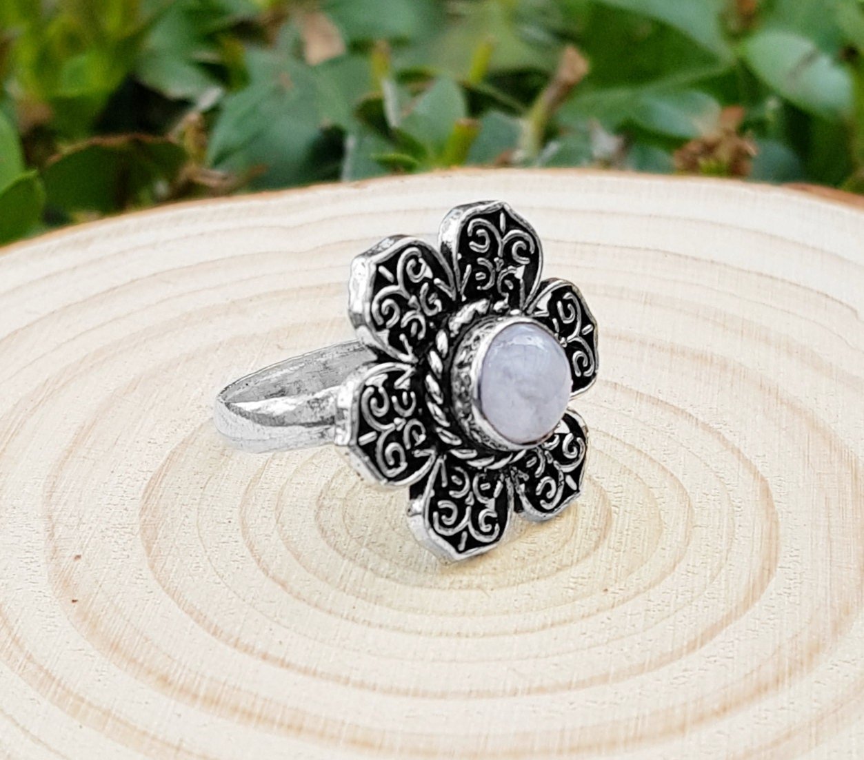 White Moonstone Flower Ring: Sterling Silver Boho Statement Ring, US Size 9 - LunarGem - Rings