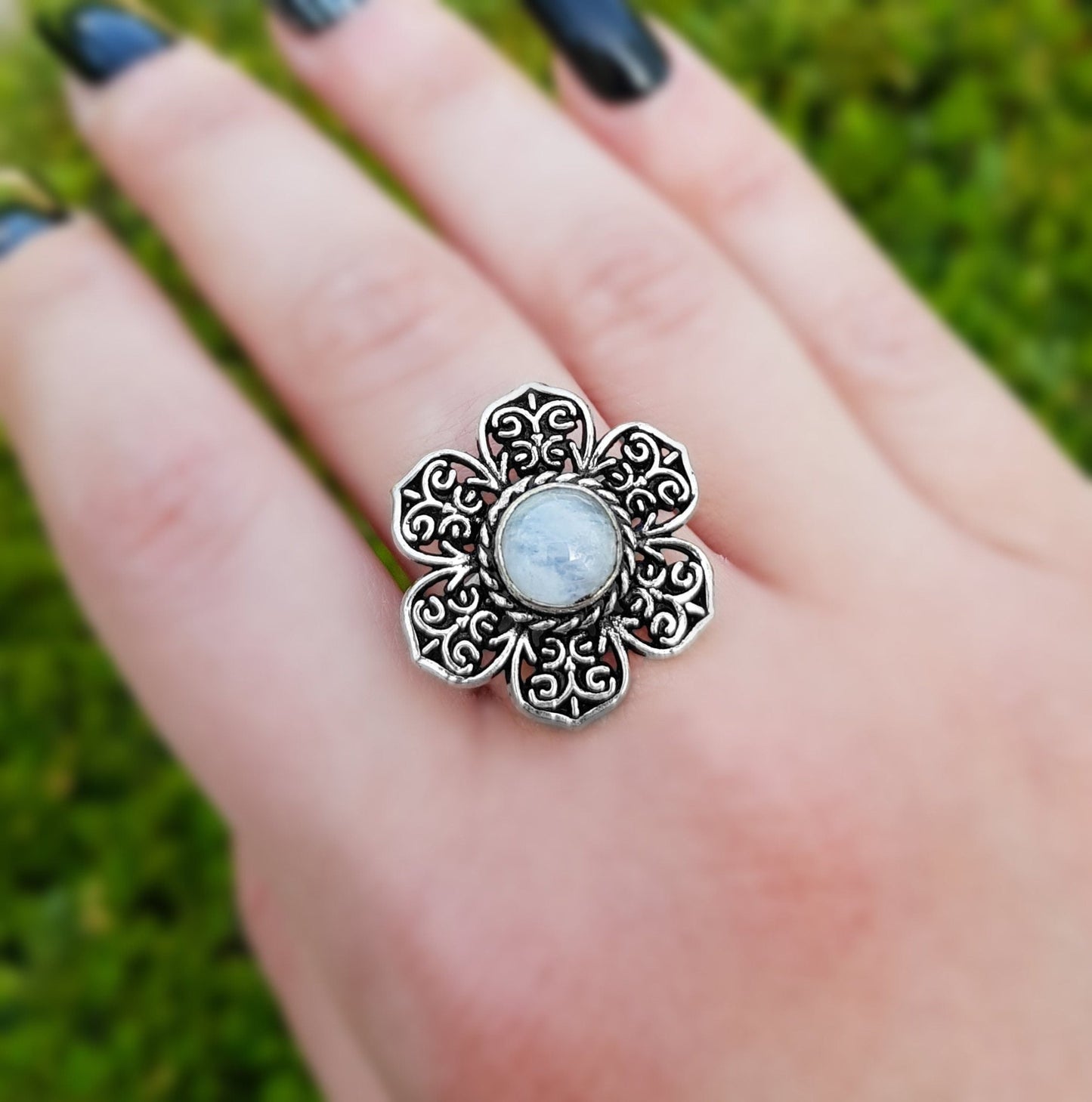 White Moonstone Flower Ring: Sterling Silver Boho Statement Ring, US Size 9 - LunarGem - Rings