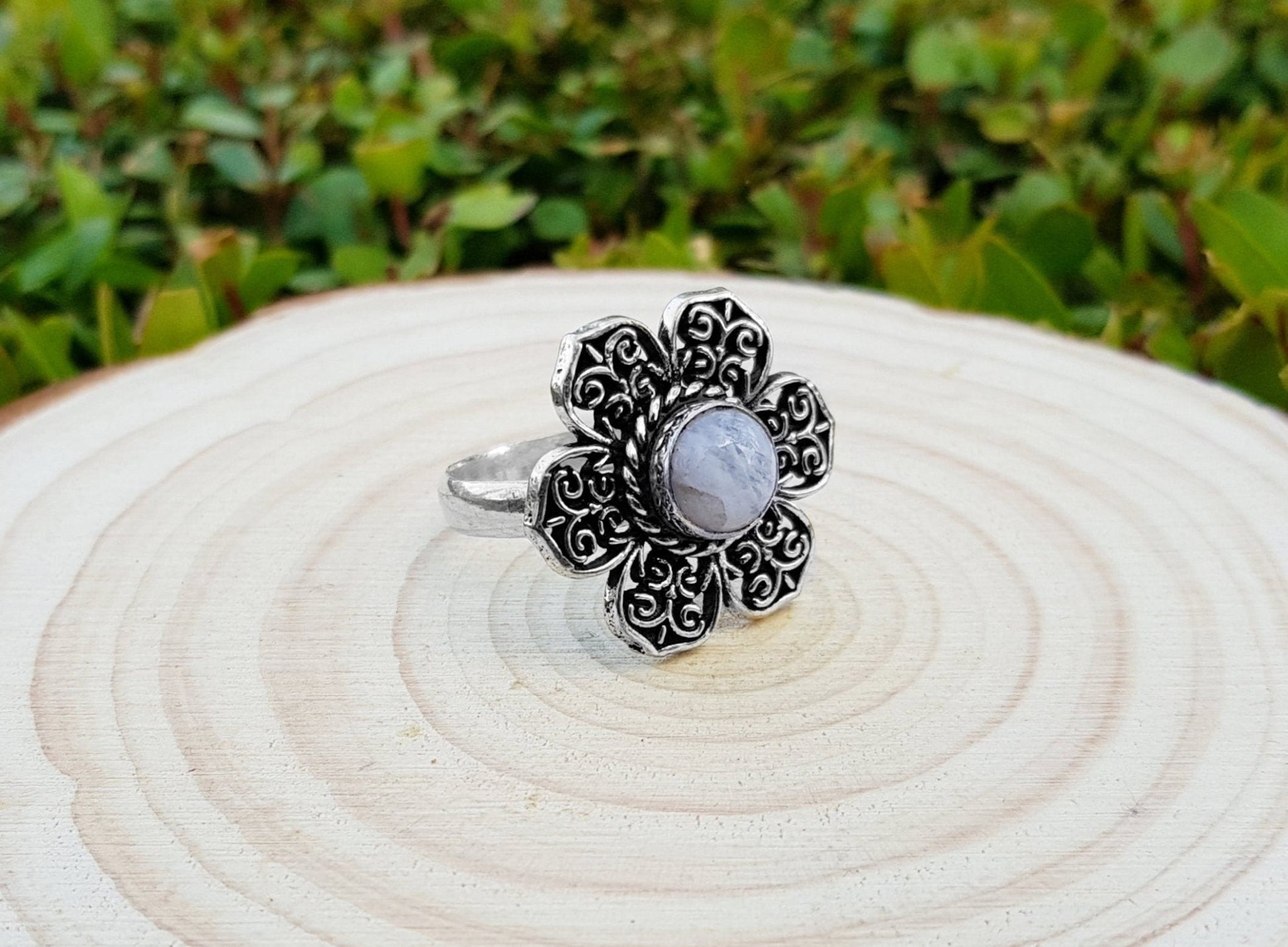 White Moonstone Flower Ring: Sterling Silver Boho Statement Ring, US Size 9 - LunarGem - Rings