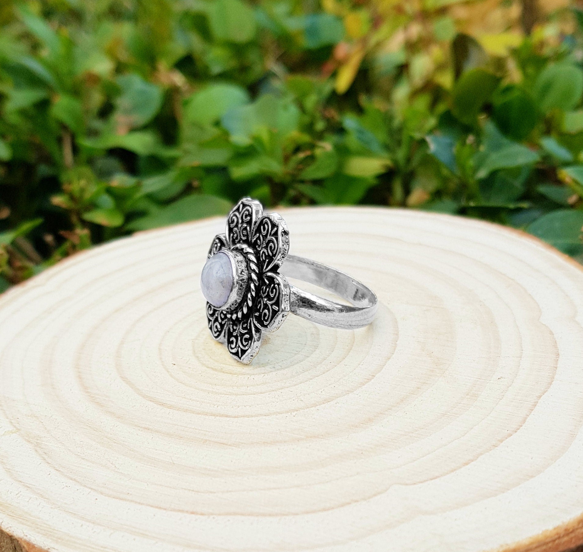White Moonstone Flower Ring: Sterling Silver Boho Statement Ring, US Size 9 - LunarGem - Rings