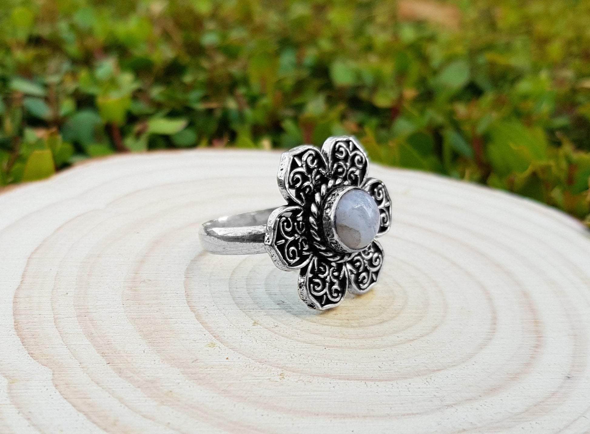 White Moonstone Flower Ring: Sterling Silver Boho Statement Ring, US Size 9 - LunarGem - Rings
