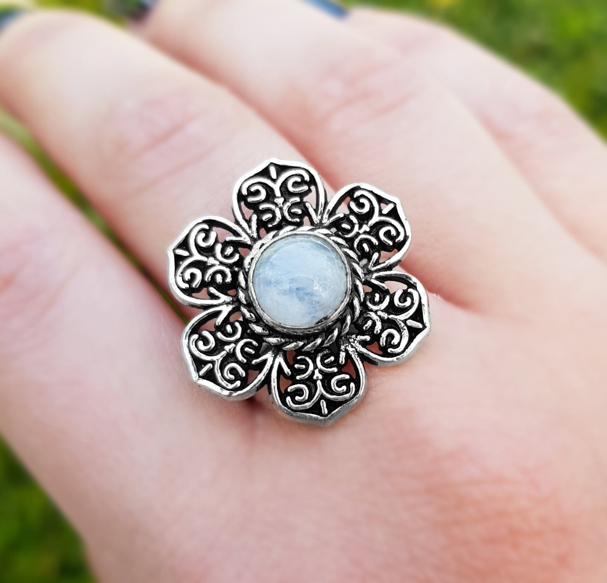 White Moonstone Flower Ring: Sterling Silver Boho Statement Ring, US Size 9 - LunarGem - Rings