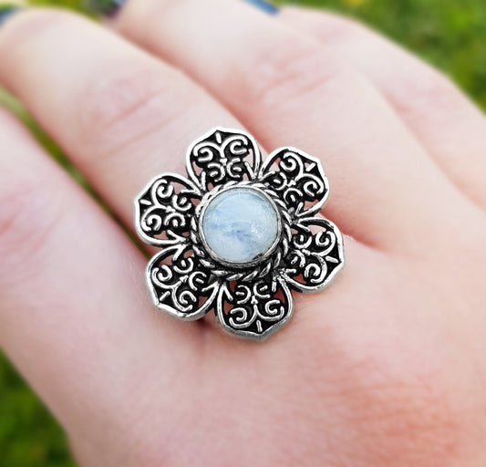 White Moonstone Flower Ring: Sterling Silver Boho Statement Ring, US Size 9 - LunarGem - Rings